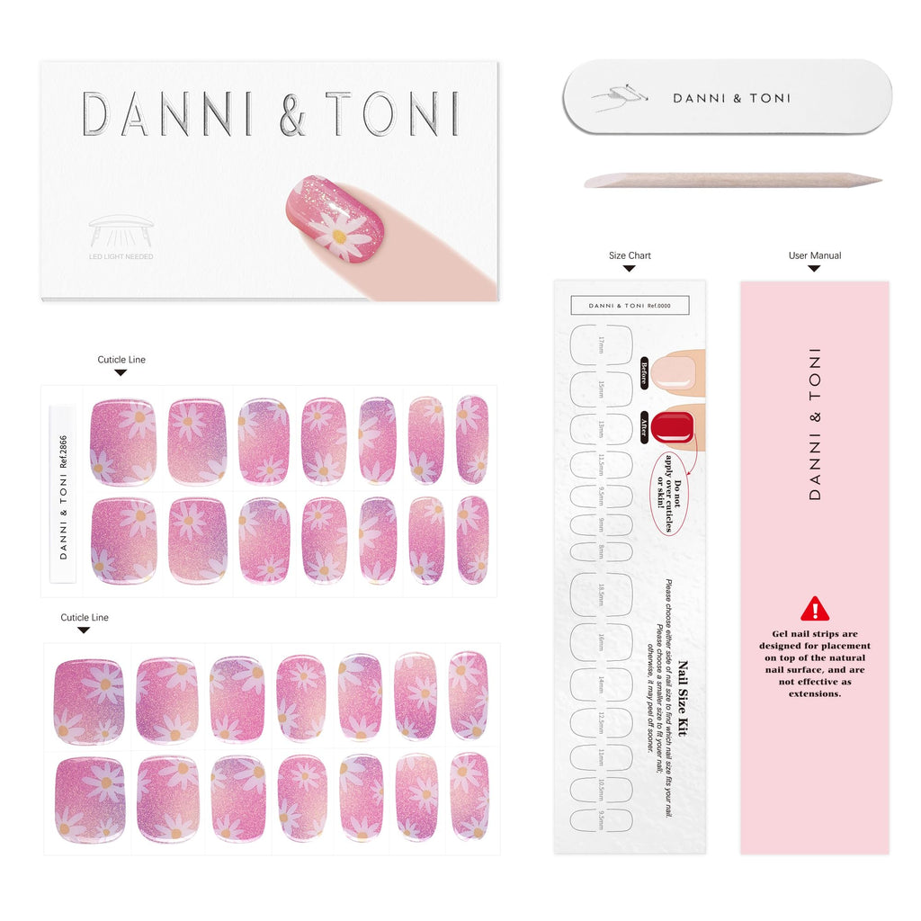 DANNI & TONI Daisy Pink Holographic Gradient Gel Nail Strips – 28 Semi-Cured Wraps