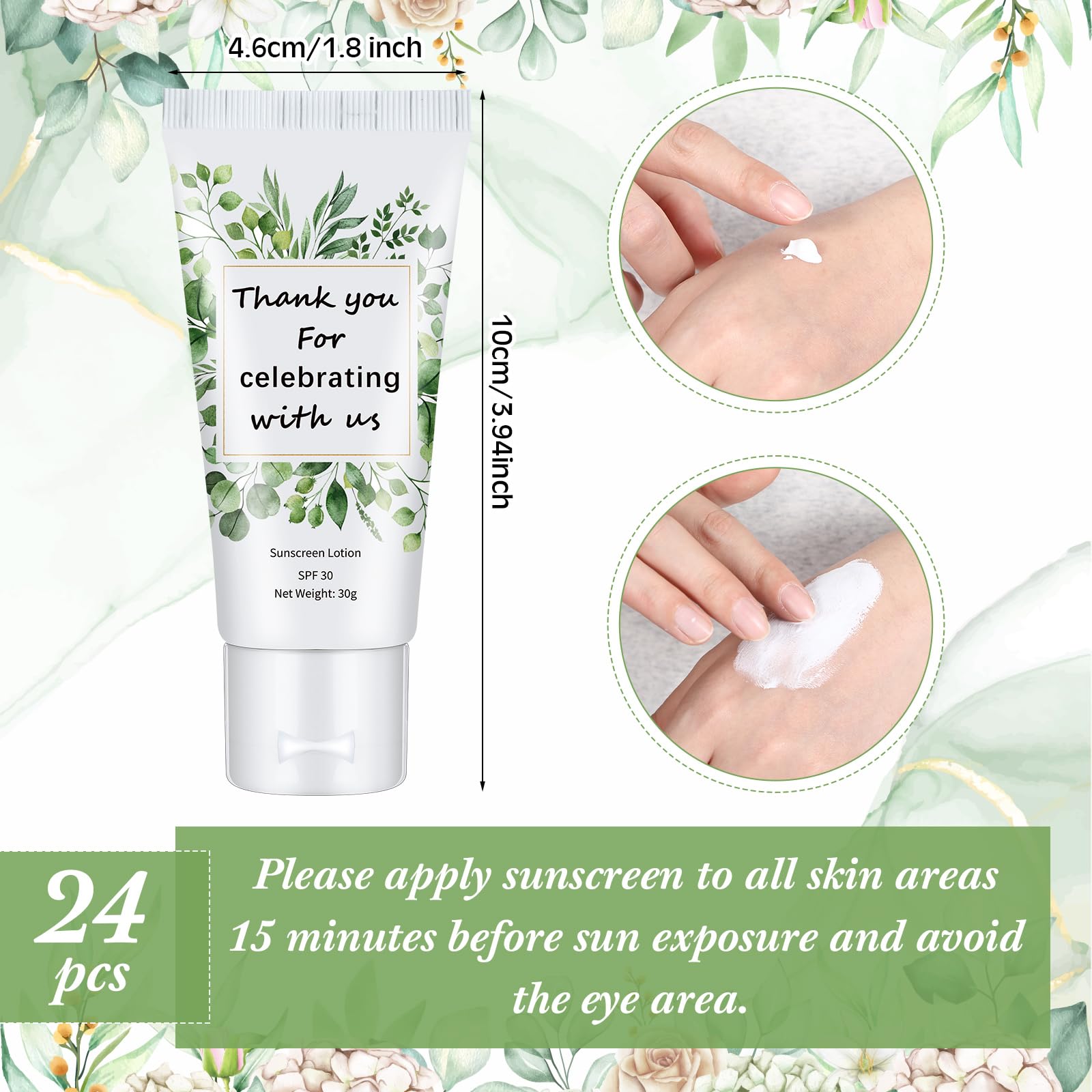 Dansib 24 Pcs Mini Sunscreen Bulk SPF 30 – 1oz Travel Size for Weddings (White Cream, Eucalyptus)