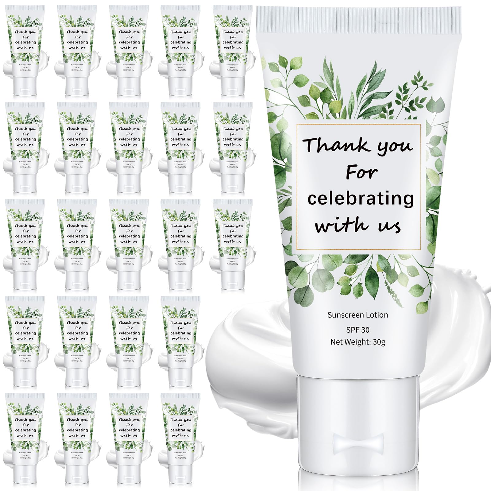 Dansib 24 Pcs Mini Sunscreen Bulk SPF 30 – 1oz Travel Size for Weddings (White Cream, Eucalyptus)