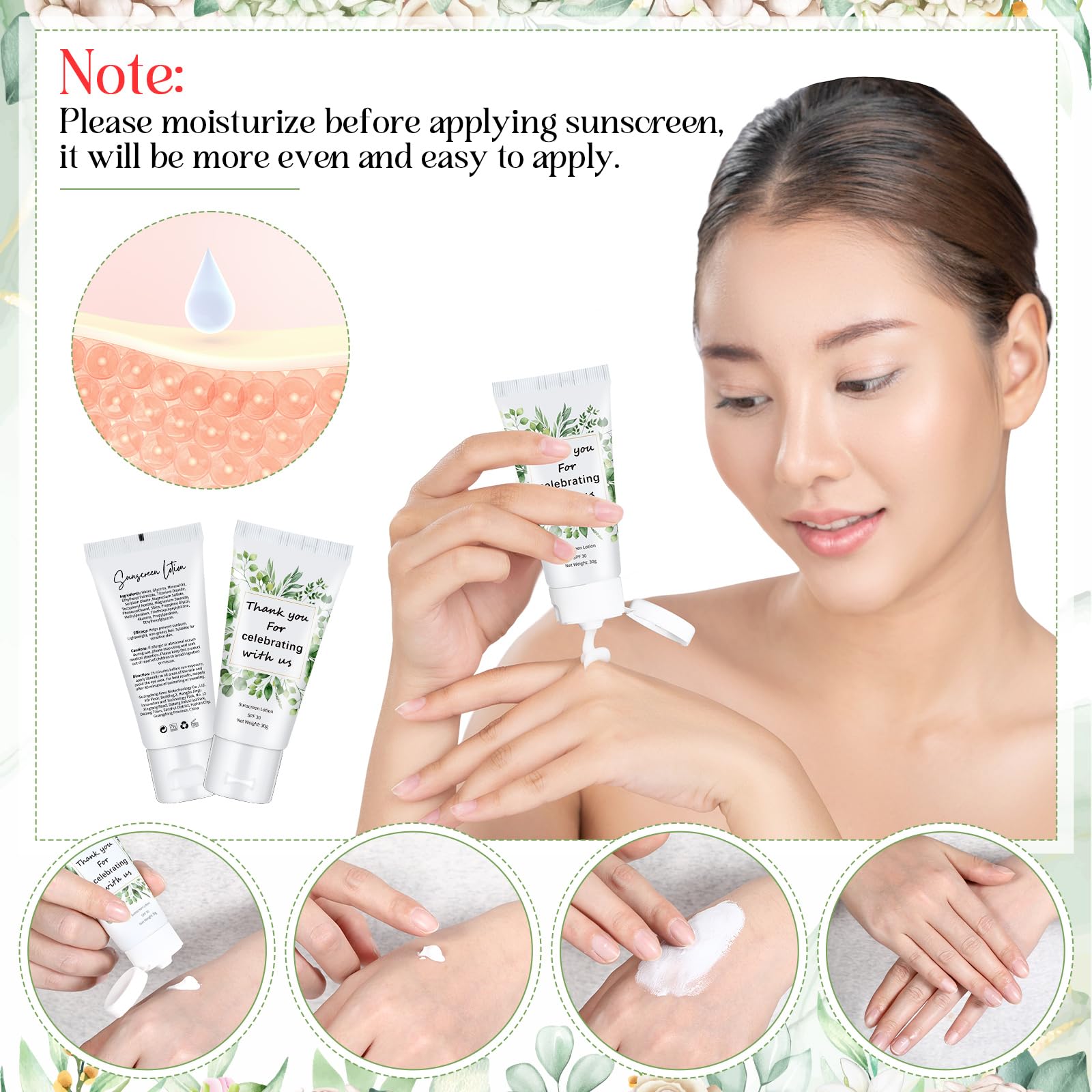 Dansib 24 Pcs Mini Sunscreen Bulk SPF 30 – 1oz Travel Size for Weddings (White Cream, Eucalyptus)