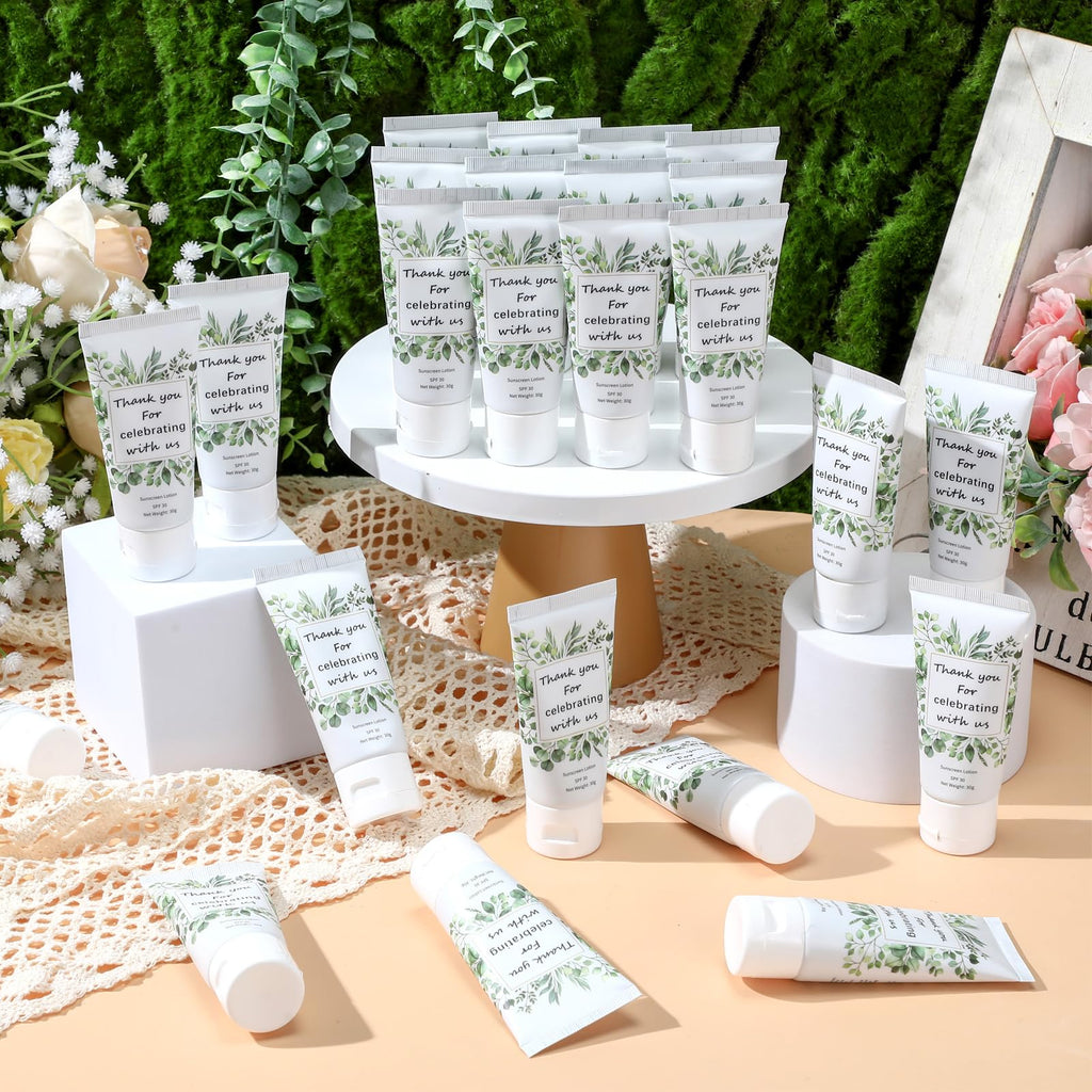 Dansib 24 Pcs Mini Sunscreen Bulk SPF 30 – 1oz Travel Size for Weddings (White Cream, Eucalyptus)