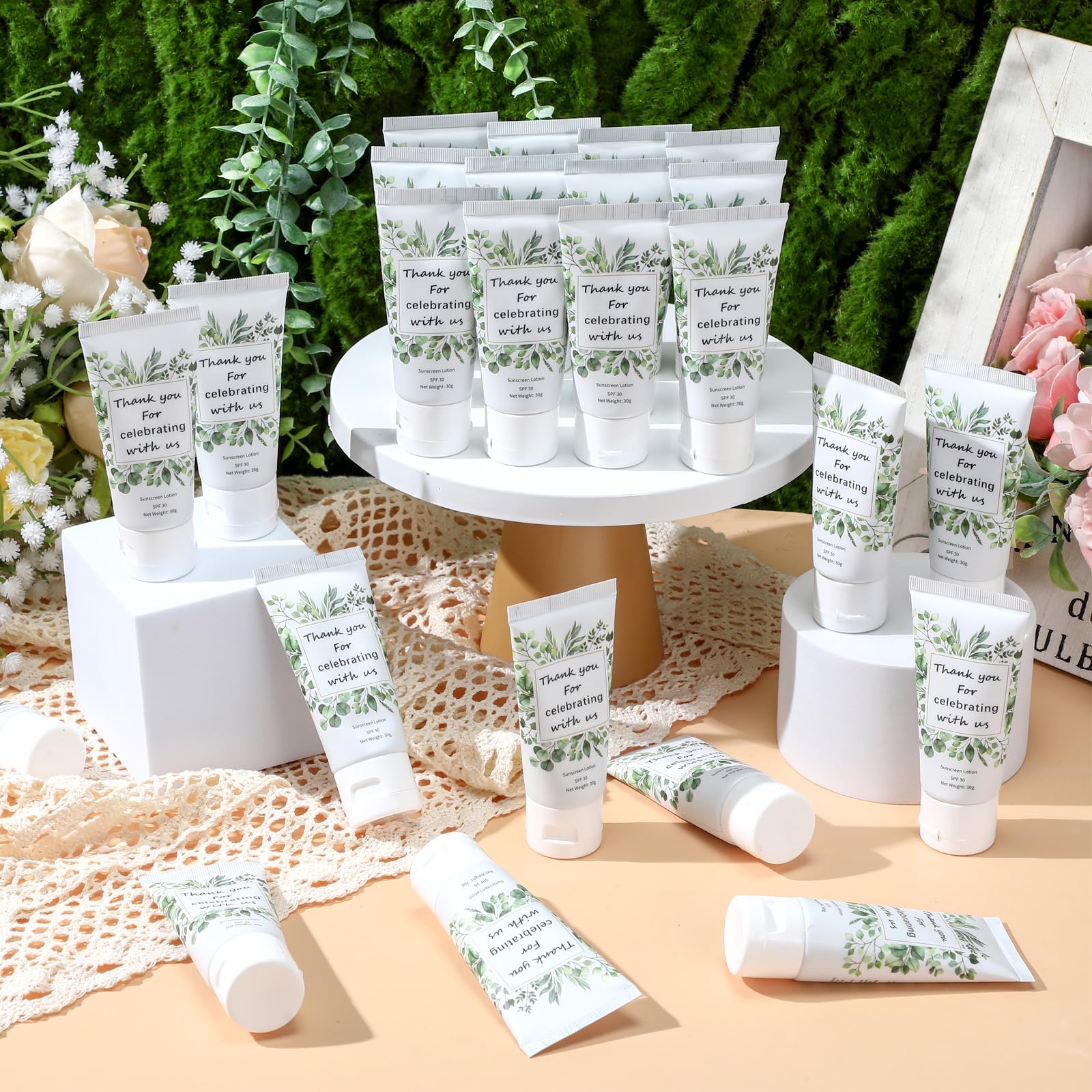 Dansib 24 Pcs Mini Sunscreen Bulk SPF 30 – 1oz Travel Size for Weddings (White Cream, Eucalyptus)