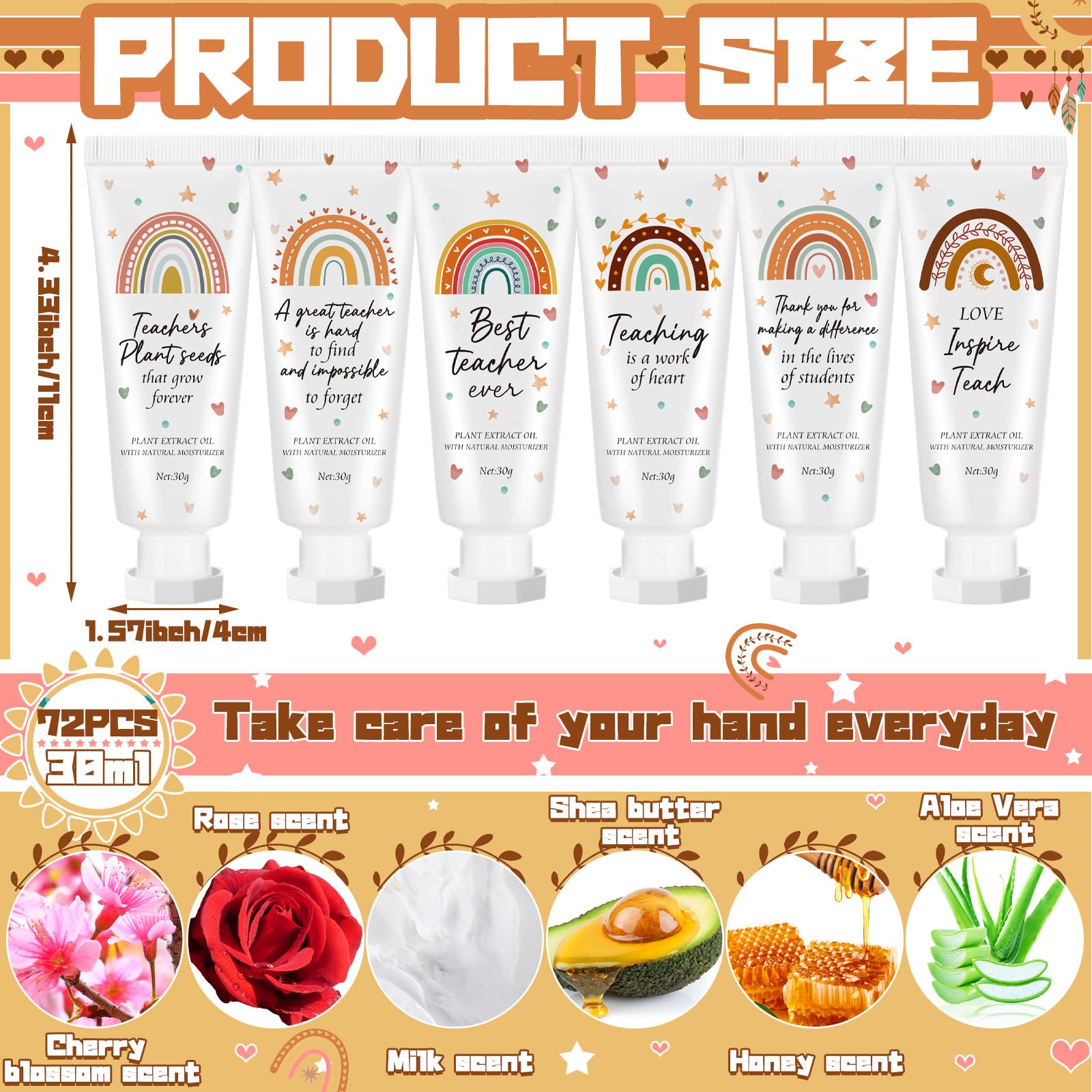 Dansib 72-Pcs Teacher Appreciation Hand Cream Gift Set – Boho Rainbow Bulk Lotion