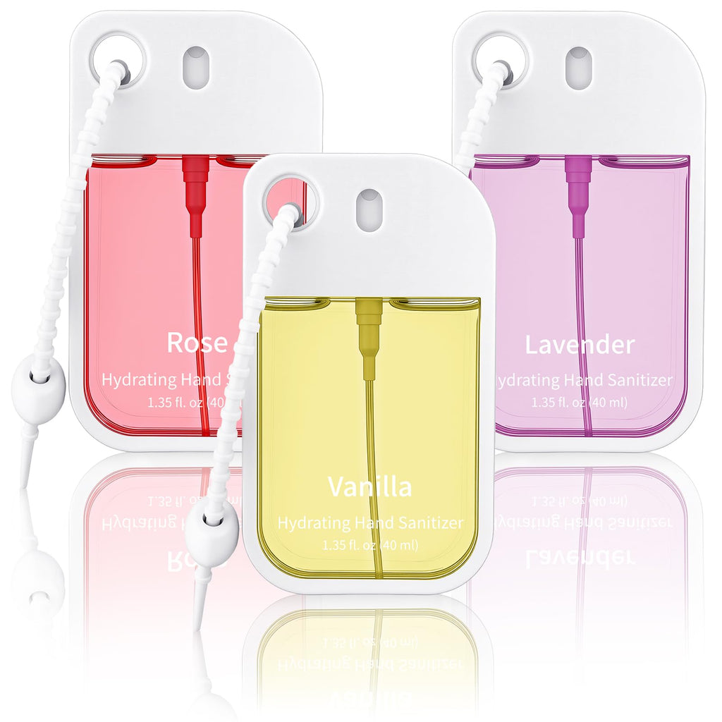 Dansib Set of 3 Power Mist Hydrating Hand Sanitizer Sprays – Keychain Travel Size (Rose, Lavender, Vanilla)