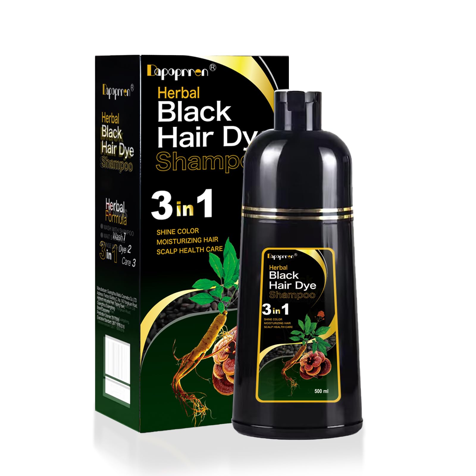 Dapoprren Black Hair Dye Shampoo 3-in-1 – Gray Coverage, Natural, Ammonia-Free