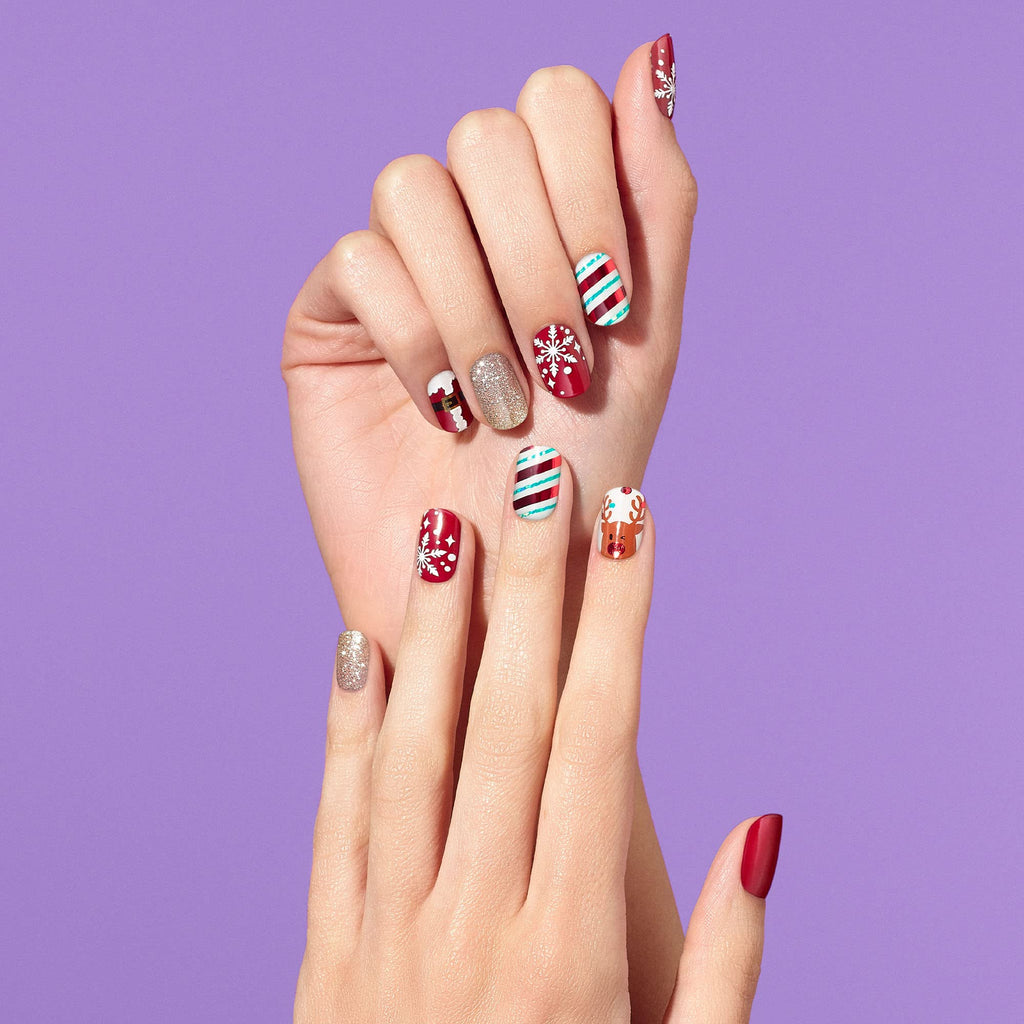 Dashing Diva Gloss Nail Strips Santa's Helper | UV-Free Gel Look, Chip-Resistant (32 Wraps + Prep Pad + File)