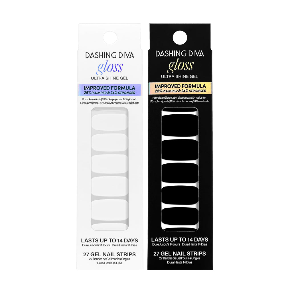 Dashing Diva Gloss Nail Strips Bundle – The Black & White Collection: Real Black & Daikon (2 Sets) | UV Free, Chip-Resistant