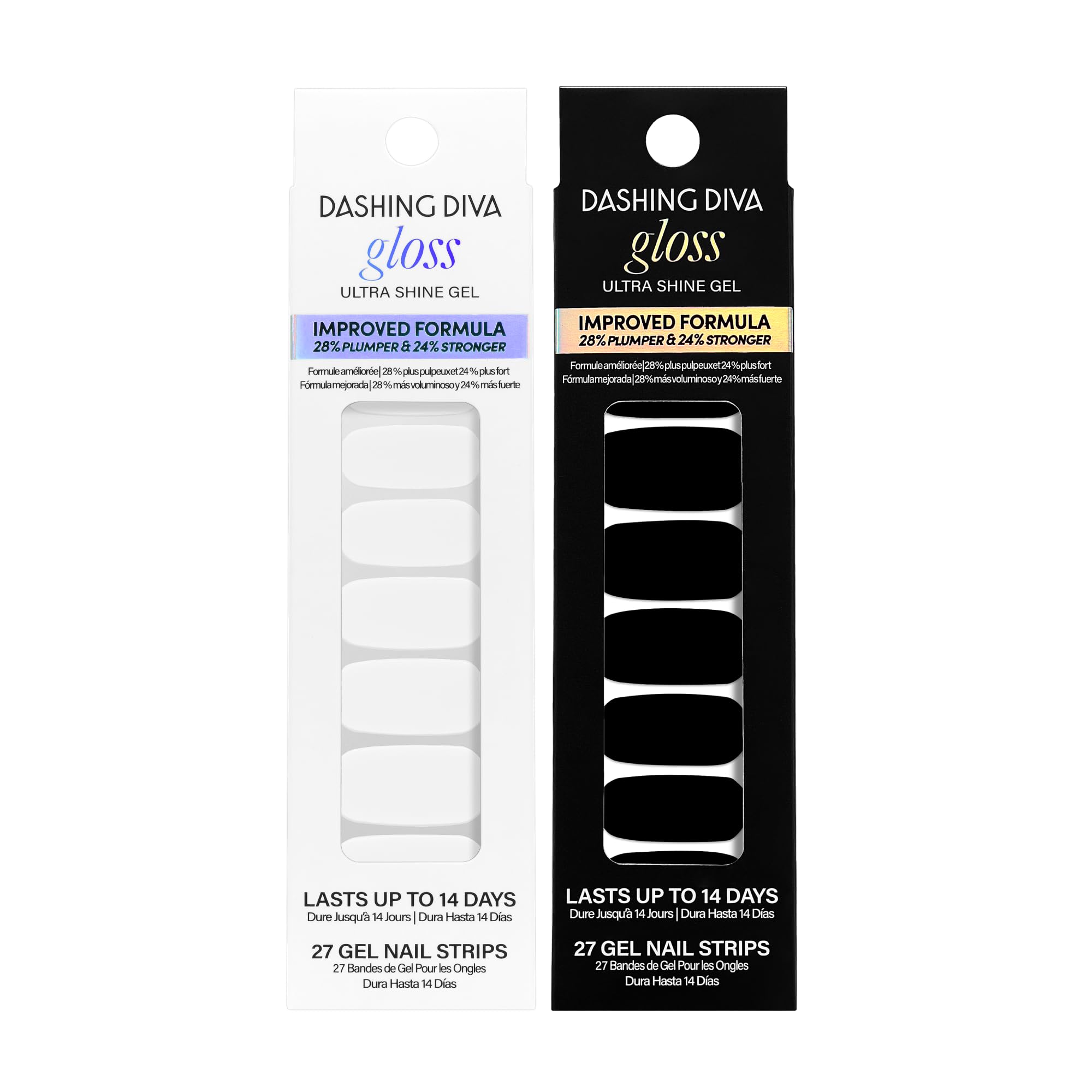 Dashing Diva Gloss Nail Strips Bundle – The Black & White Collection: Real Black & Daikon (2 Sets) | UV Free, Chip-Resistant