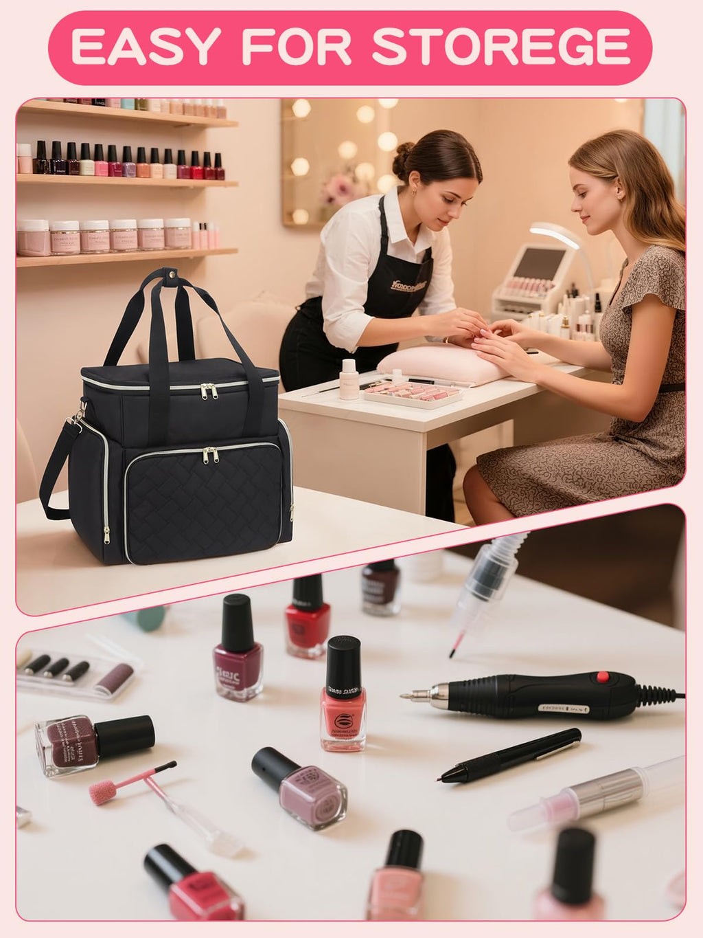 DD DEVILLI Nail Polish Organizer Case - Holds 96 Bottles & Nail Dryer | 2 Removable Pouches | Black