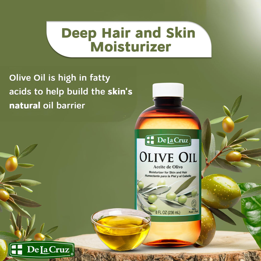 De La Cruz Pure Olive Oil – Natural Expeller Pressed Oil for Hair & Skin (8 oz)