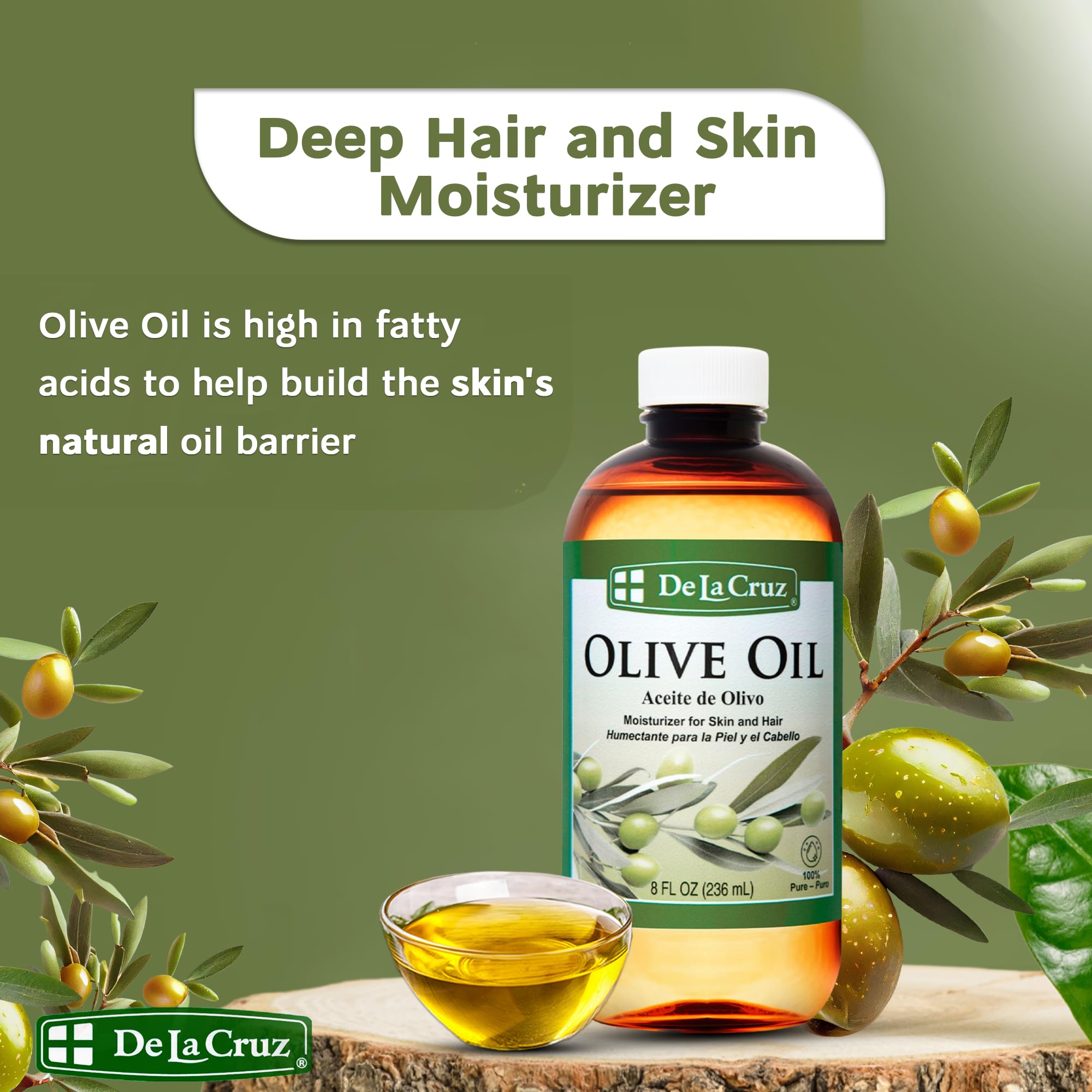 De La Cruz Pure Olive Oil – Natural Expeller Pressed Oil for Hair & Skin (8 oz)