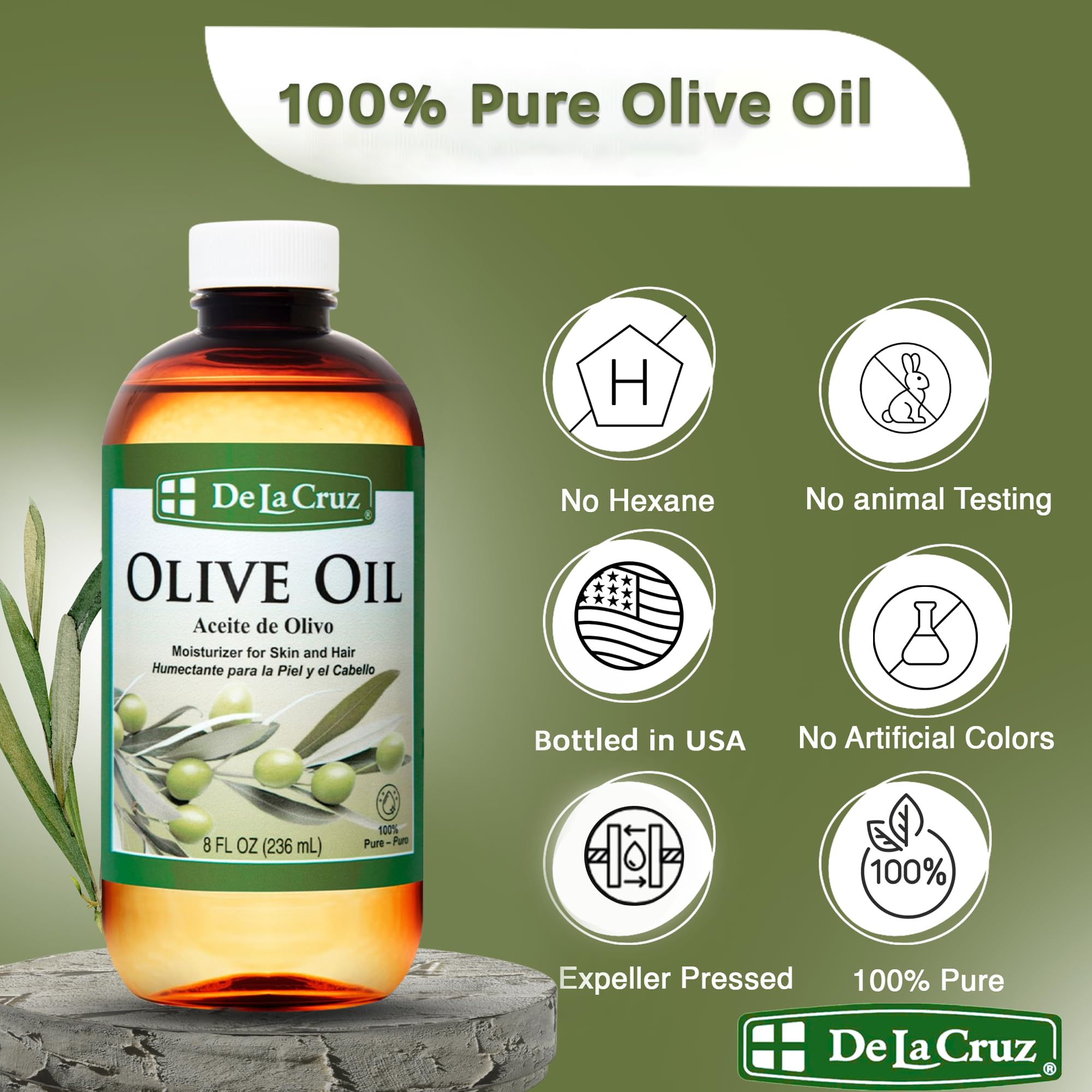 De La Cruz Pure Olive Oil – Natural Expeller Pressed Oil for Hair & Skin (8 oz)