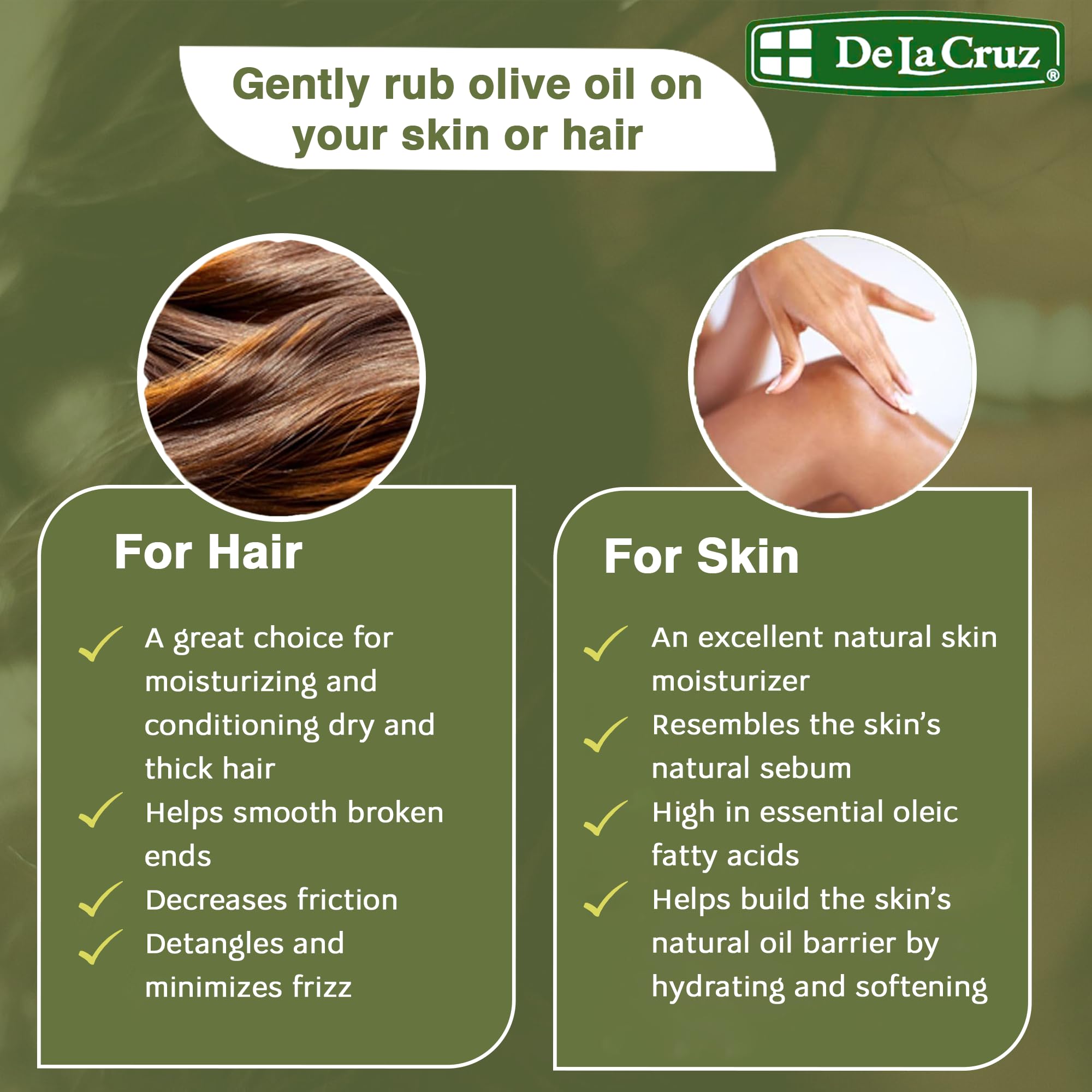 De La Cruz Pure Olive Oil – Natural Expeller Pressed Oil for Hair & Skin (8 oz)