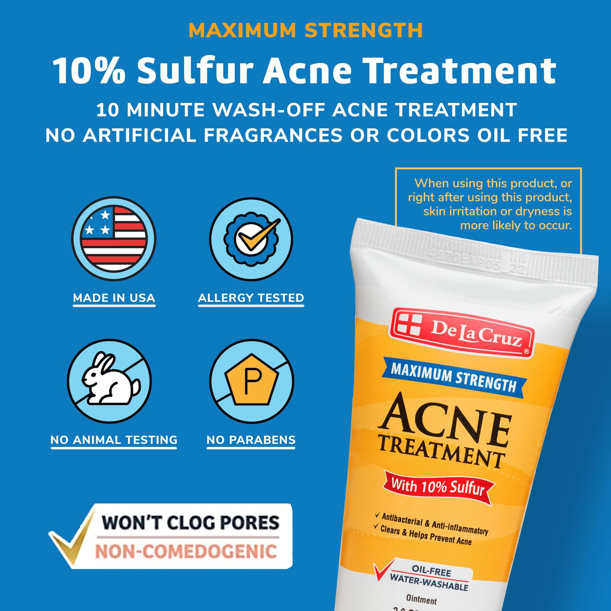 De La Cruz Sulfur Ointment - 10% Acne Treatment for Face & Body | 2.6 oz Tube, 2-Pack