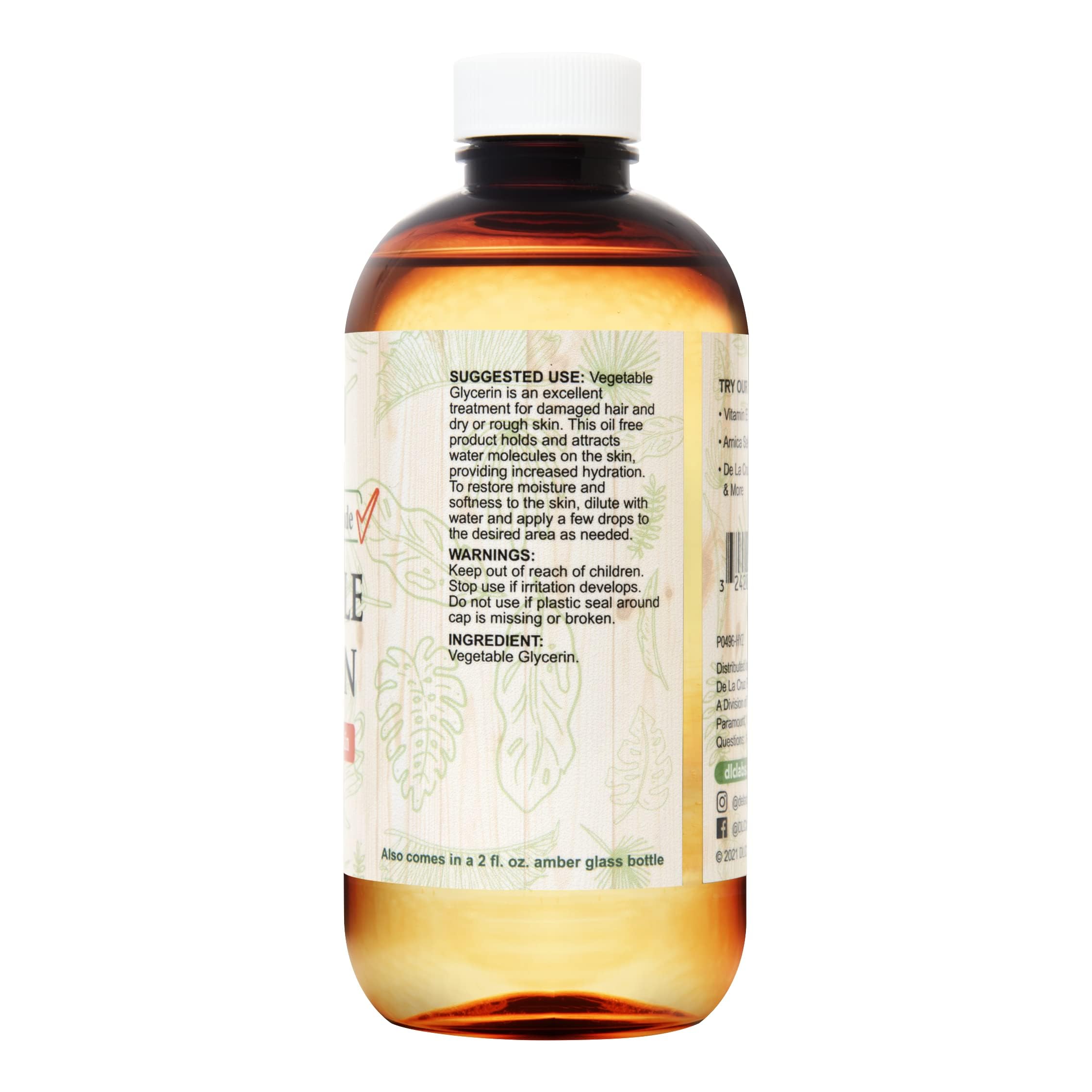 De La Cruz Vegetable Glycerin – 100% Pure USP Grade, 8 oz for Hair, Skin & DIY