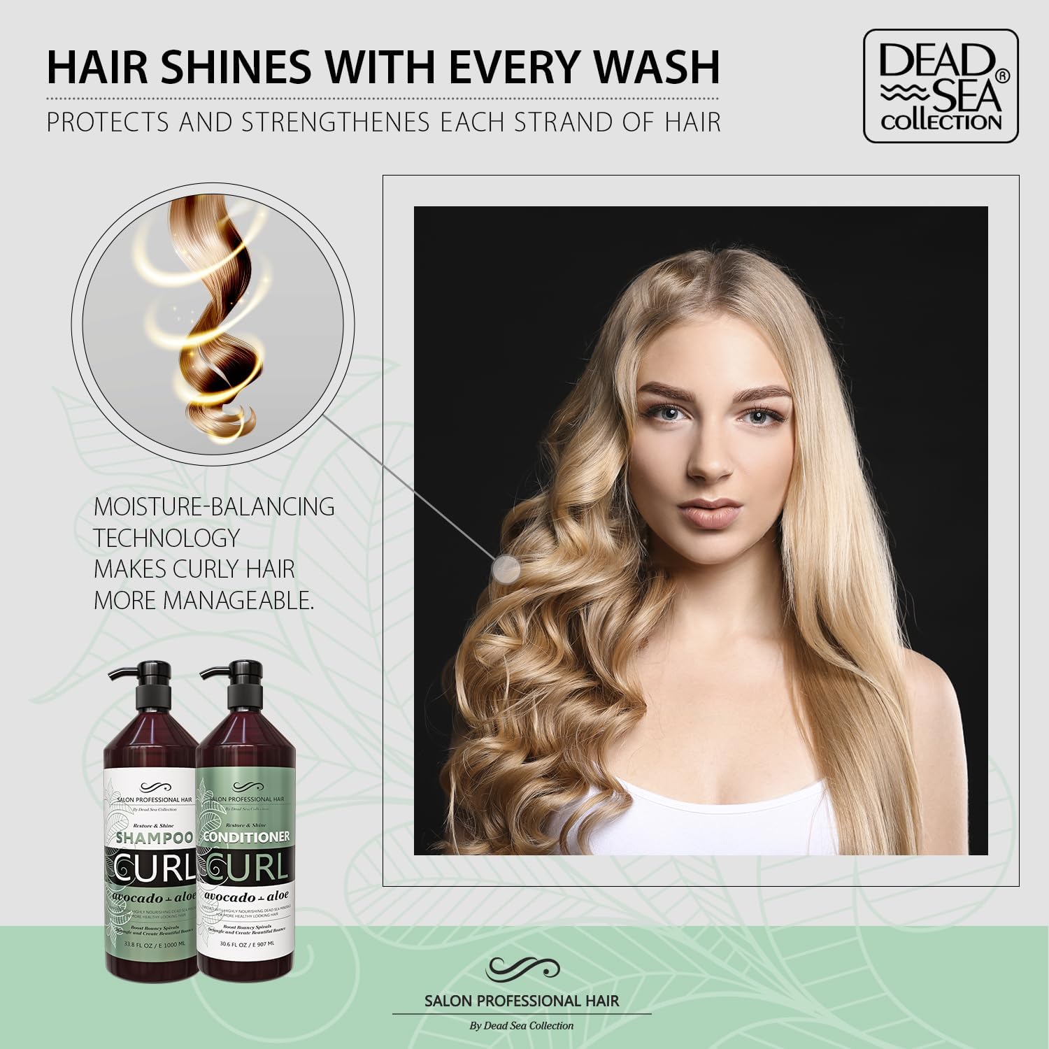 Dead Sea Collection Shampoo & Conditioner Set for Curly Hair – Avocado & Aloe, Pure Dead Sea Minerals | 2 Bottles (33.8 & 30.6 fl oz)