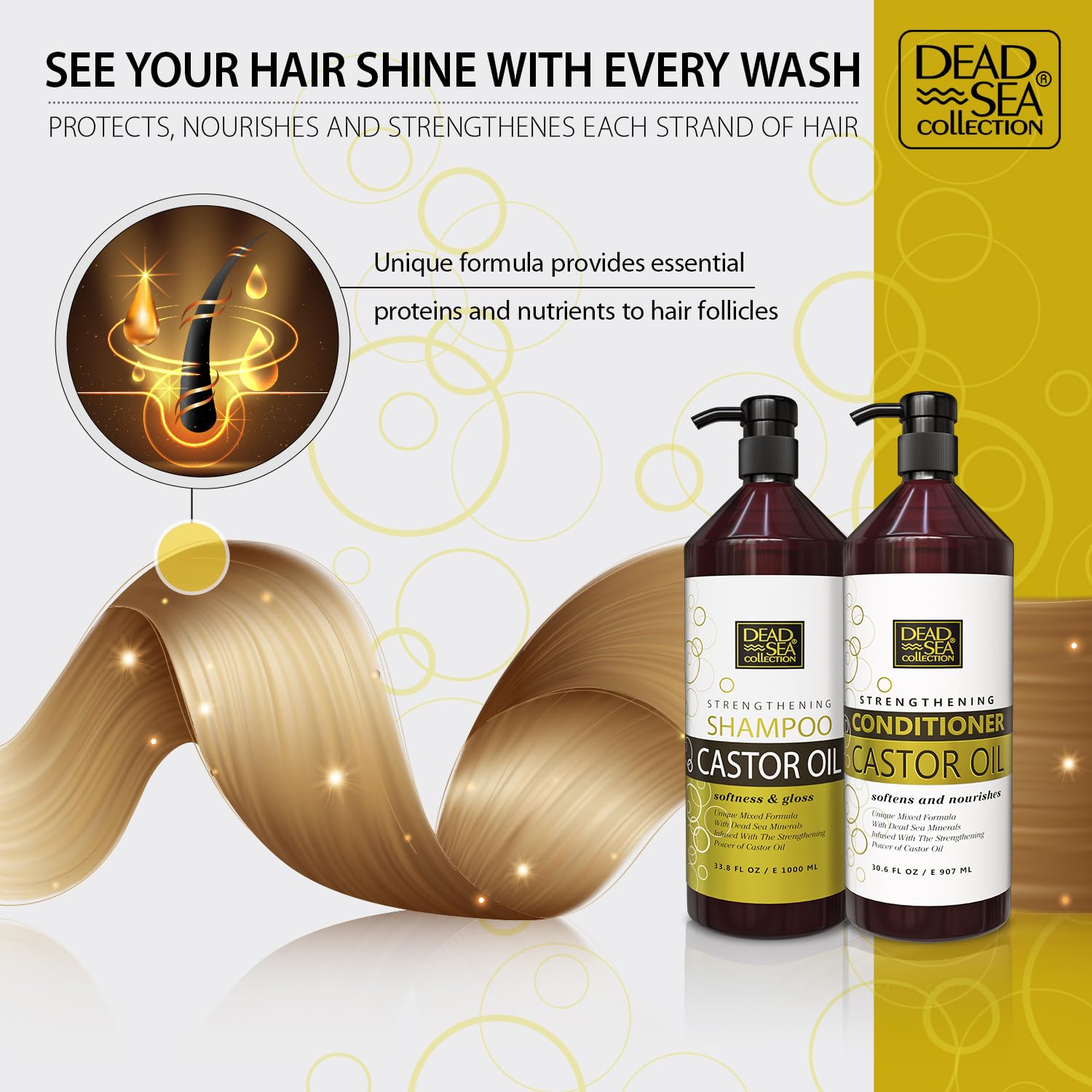 Dead Sea Collection Shampoo & Conditioner Set for Strength & Volume — Pure Dead Sea Minerals & Castor Oil (2-Pack)