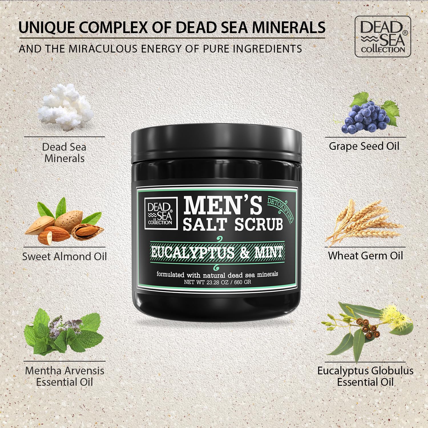 Dead Sea Collection Salt Body Scrub Eucalyptus & Mint for Men - Exfoliate, Hydrate & Detoxify (23.28 oz)