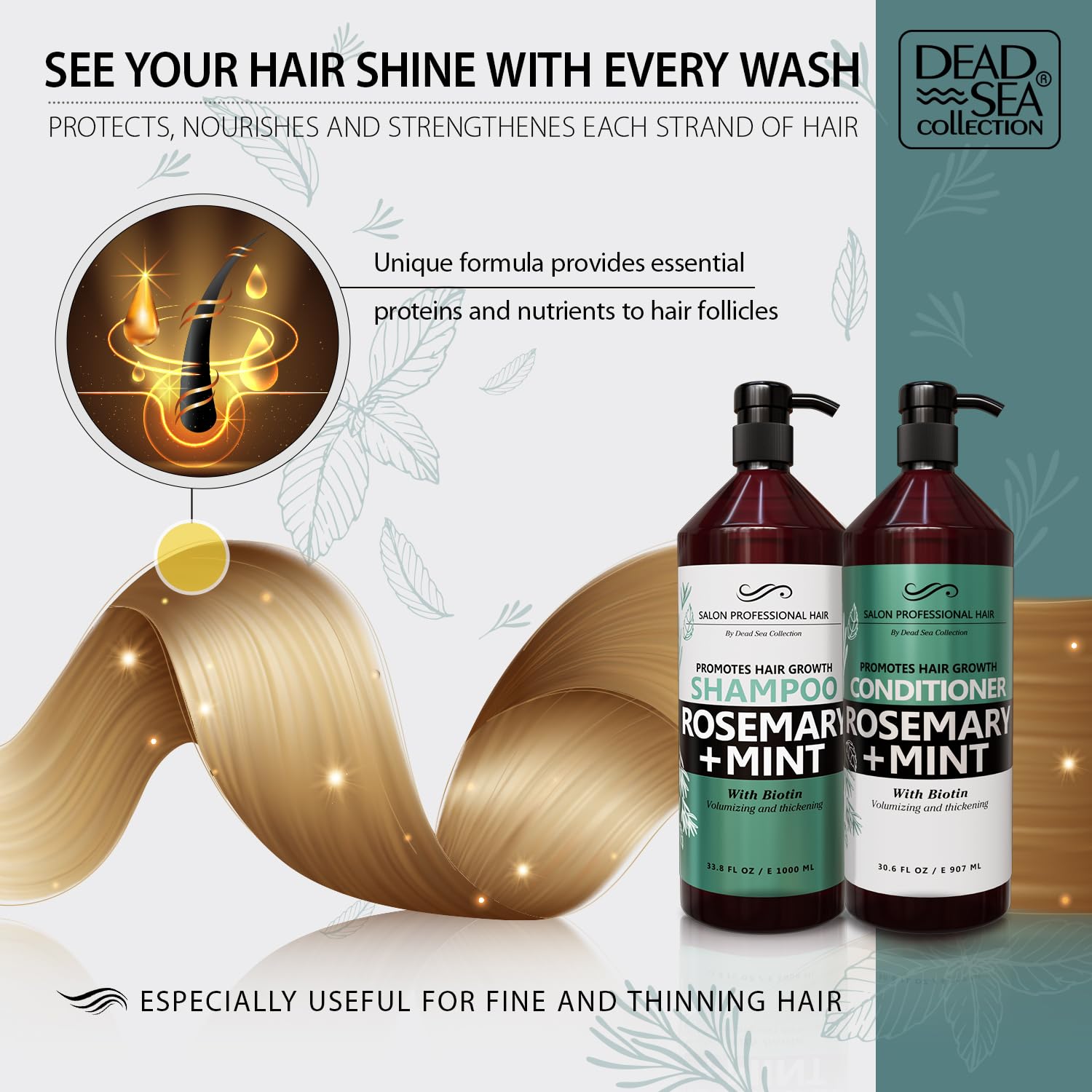 Dead Sea Collection Rosemary & Mint Shampoo & Conditioner Set – Strength, Volume & Shine (2-Pack, 33.8 & 30.6 oz)