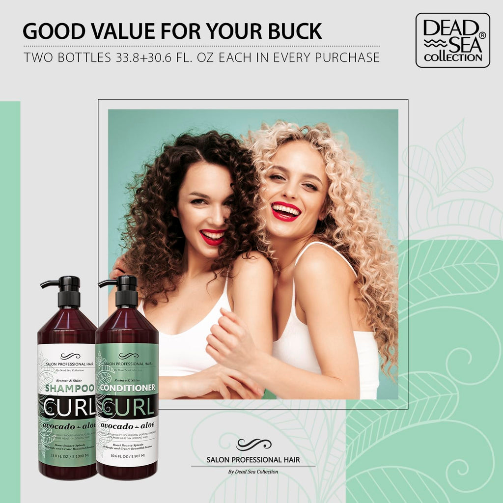 Dead Sea Collection Shampoo & Conditioner Set for Curly Hair – Avocado & Aloe, Pure Dead Sea Minerals | 2 Bottles (33.8 & 30.6 fl oz)