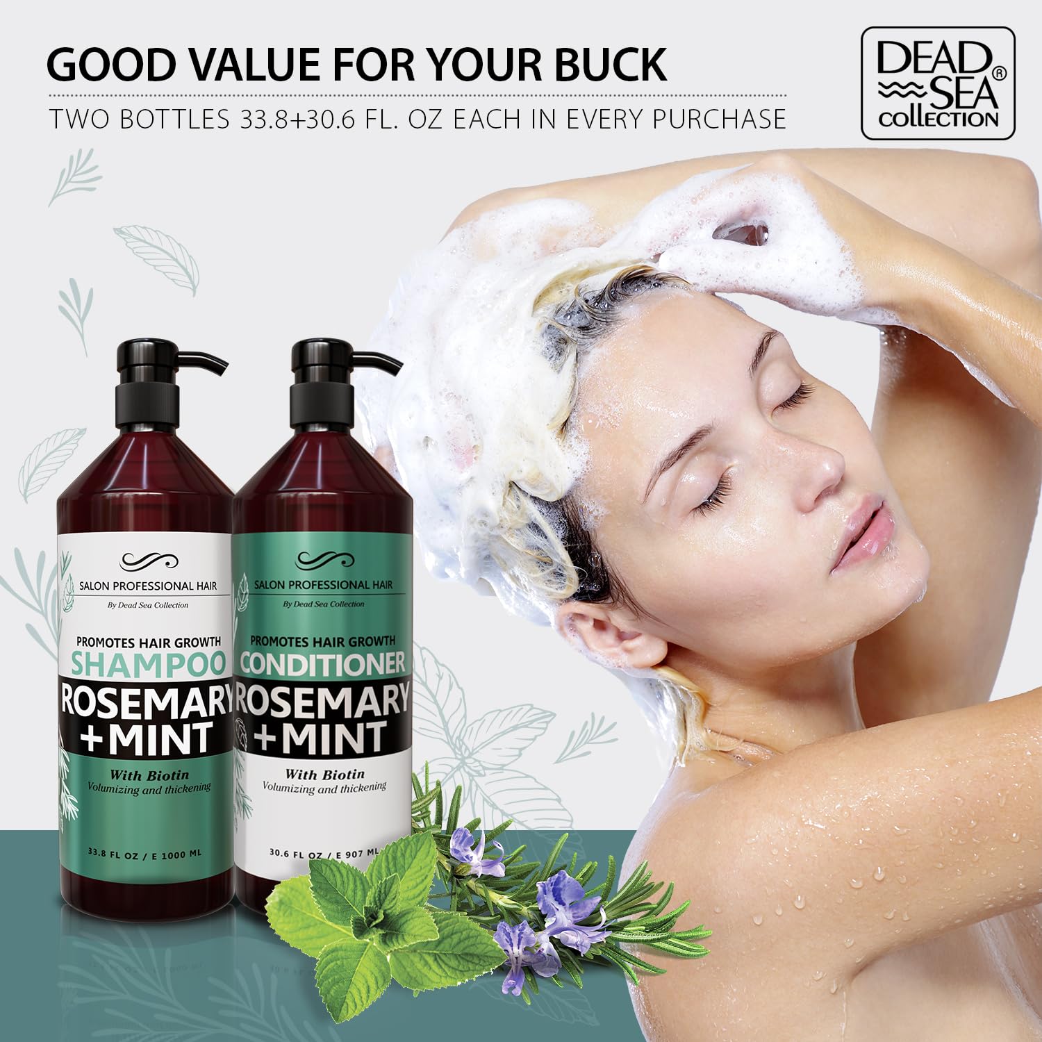 Dead Sea Collection Rosemary & Mint Shampoo & Conditioner Set – Strength, Volume & Shine (2-Pack, 33.8 & 30.6 oz)