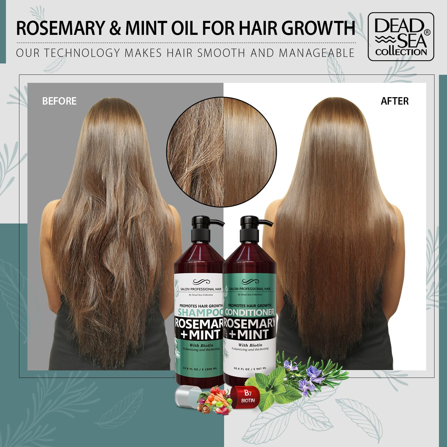 Dead Sea Collection Rosemary & Mint Shampoo & Conditioner Set – Strength, Volume & Shine (2-Pack, 33.8 & 30.6 oz)