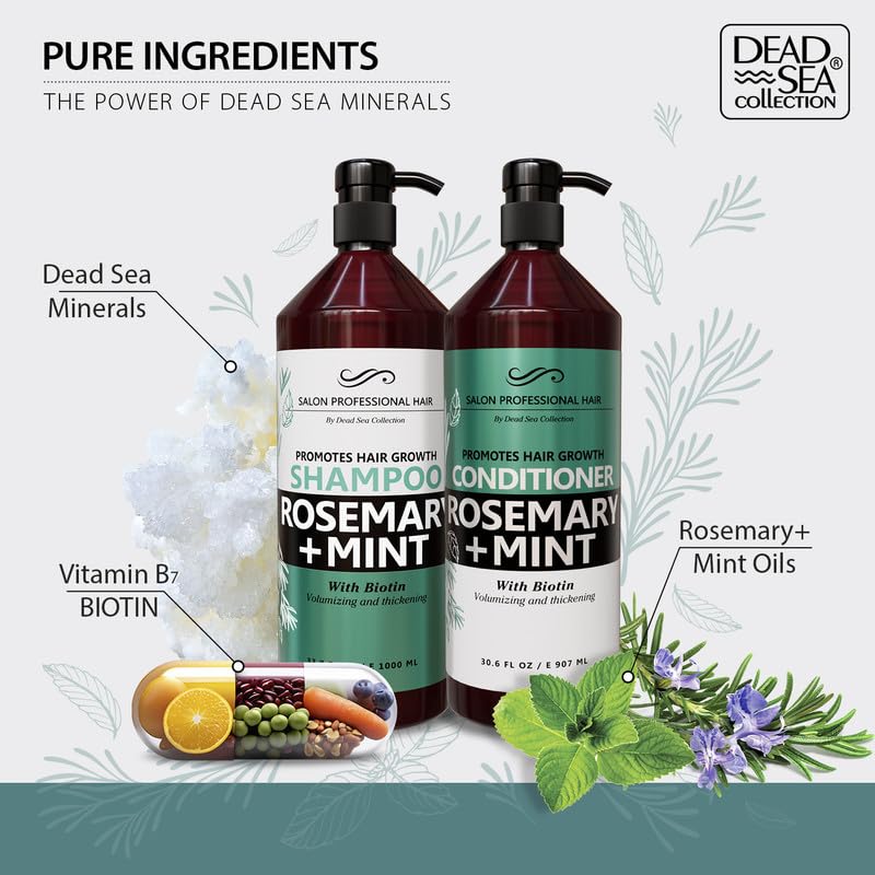 Dead Sea Collection Rosemary & Mint Shampoo & Conditioner Set – Strength, Volume & Shine (2-Pack, 33.8 & 30.6 oz)