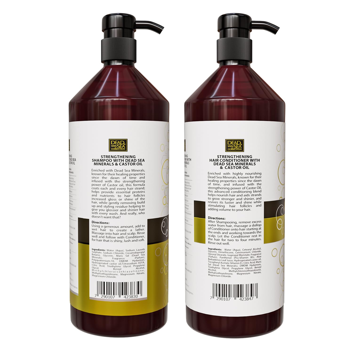 Dead Sea Collection Shampoo & Conditioner Set for Strength & Volume — Pure Dead Sea Minerals & Castor Oil (2-Pack)