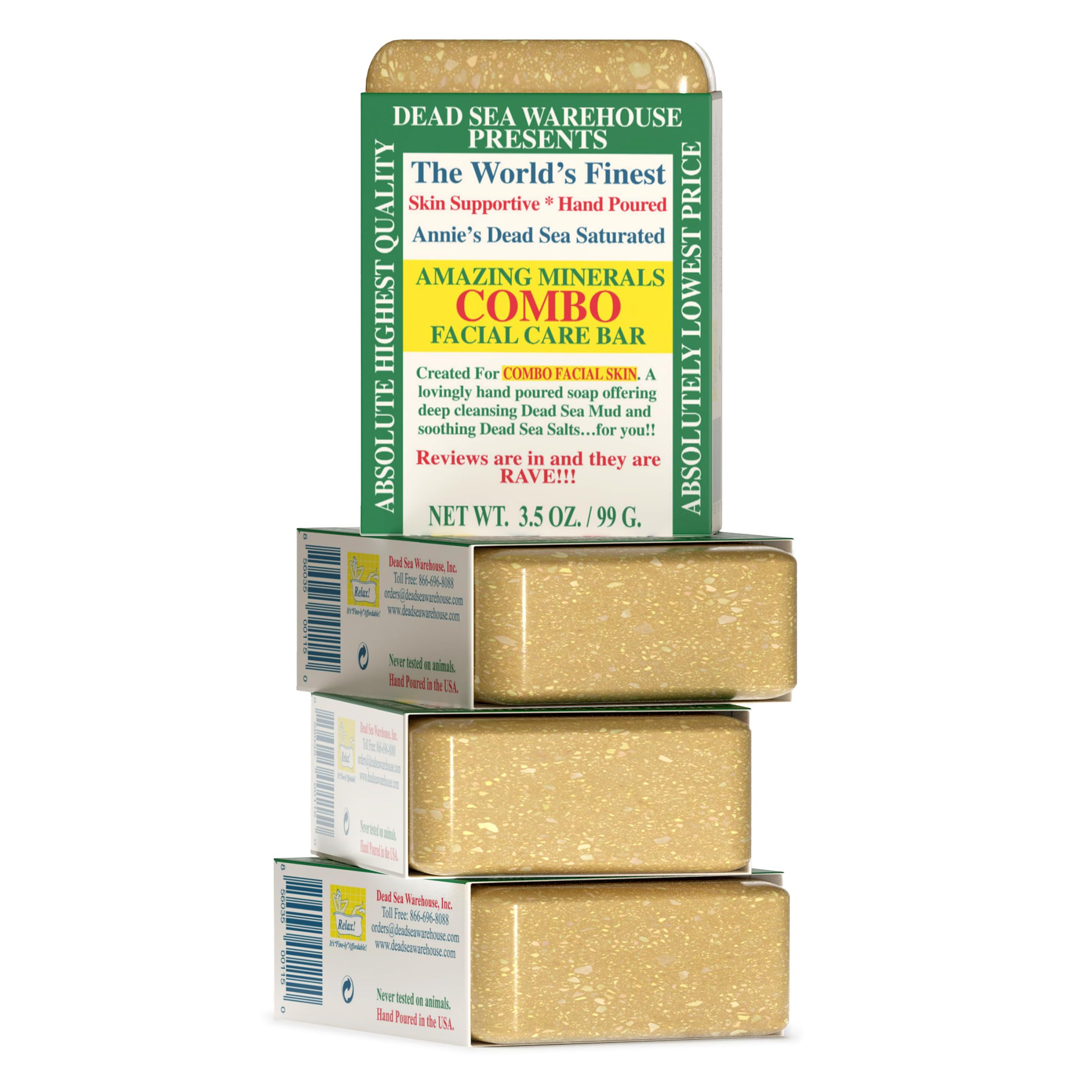 Dead Sea Warehouse COMBO Facial Care Bar - Handmade Mud & Salt Soap for Combination Skin | 3.5 oz | 4 Pack