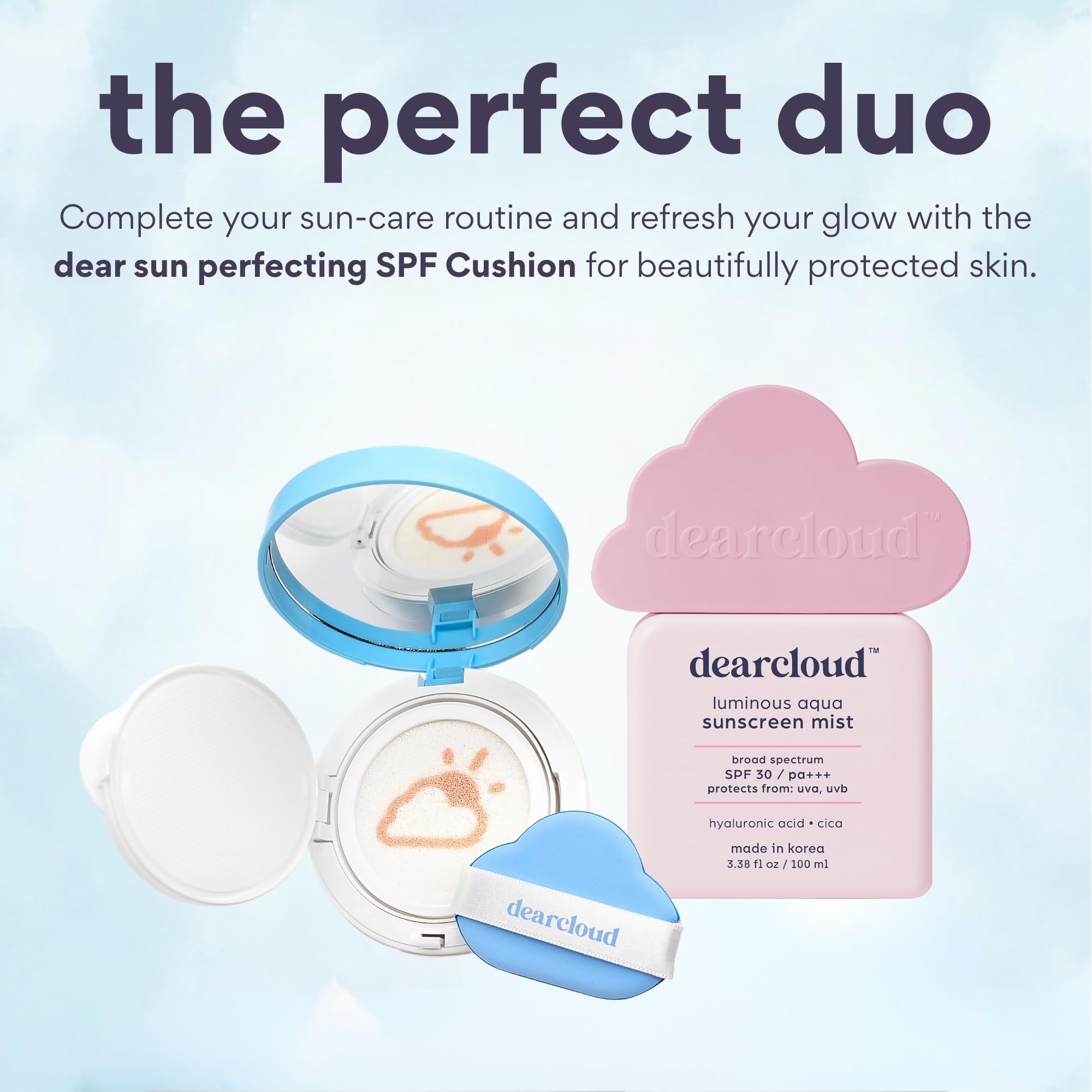 Dearcloud Luminous Aqua Sun Mist SPF 30 – Korean Cica + Hyaluronic Acid Spray Sunscreen
