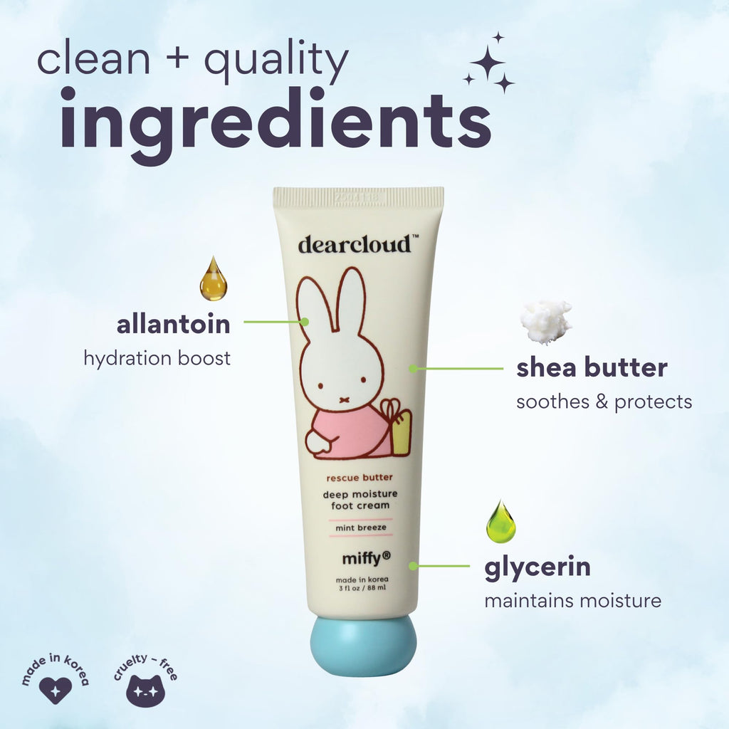 dearcloud Miffy Rescue Butter Foot Cream – Cracked Heel Repair with Shea, Urea & Peppermint Oil | Korean Foot Care – Mint Breeze 3 fl oz