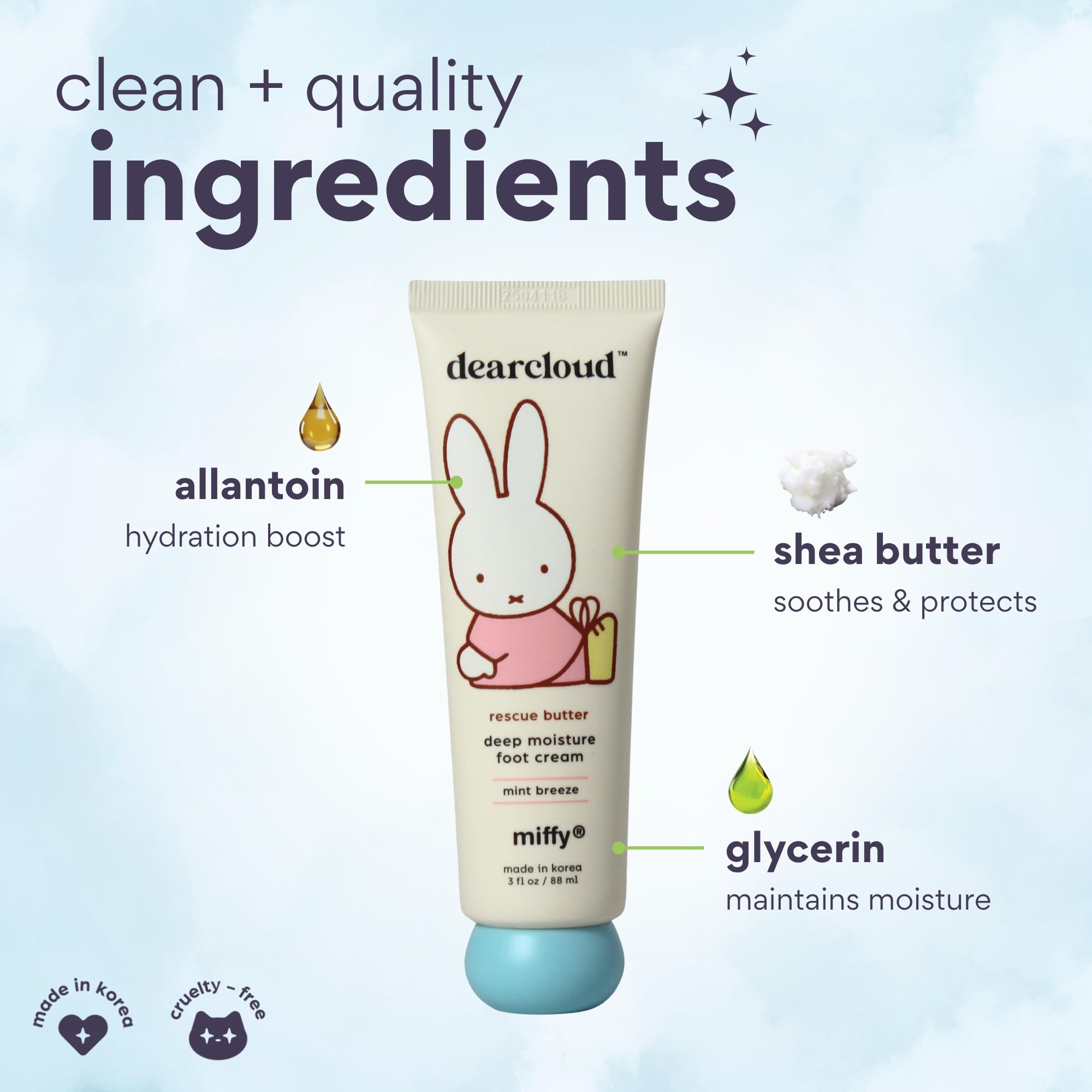 dearcloud Miffy Rescue Butter Foot Cream – Cracked Heel Repair with Shea, Urea & Peppermint Oil | Korean Foot Care – Mint Breeze 3 fl oz