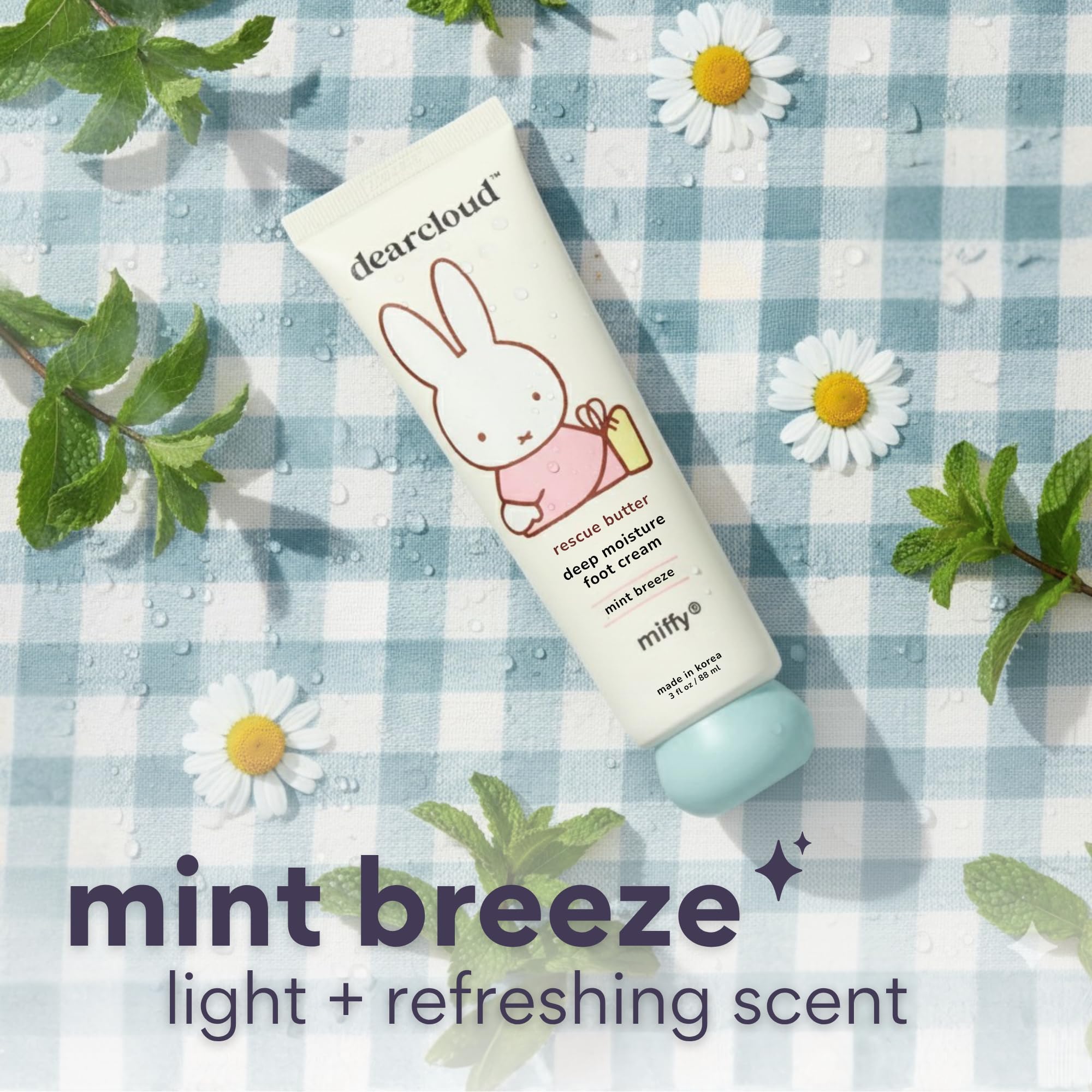 dearcloud Miffy Rescue Butter Foot Cream – Cracked Heel Repair with Shea, Urea & Peppermint Oil | Korean Foot Care – Mint Breeze 3 fl oz