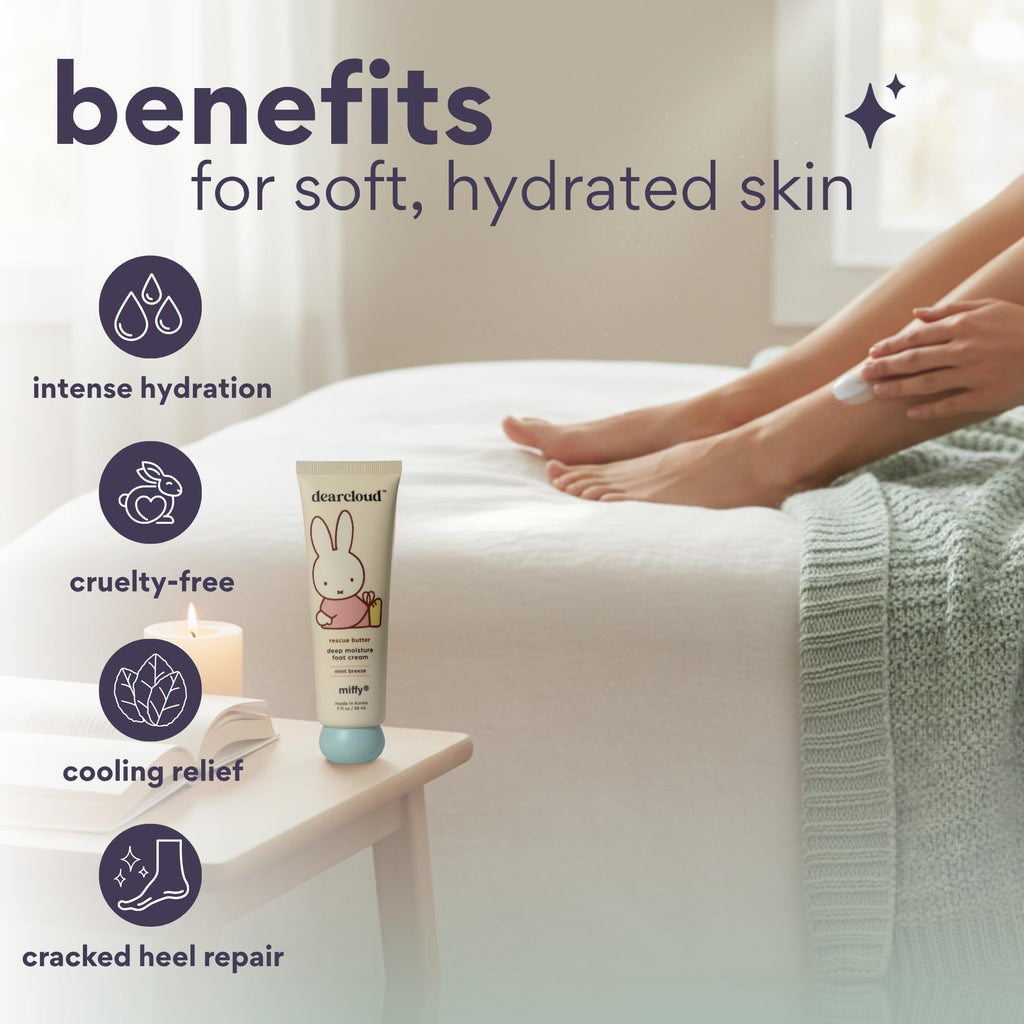 dearcloud Miffy Rescue Butter Foot Cream – Cracked Heel Repair with Shea, Urea & Peppermint Oil | Korean Foot Care – Mint Breeze 3 fl oz