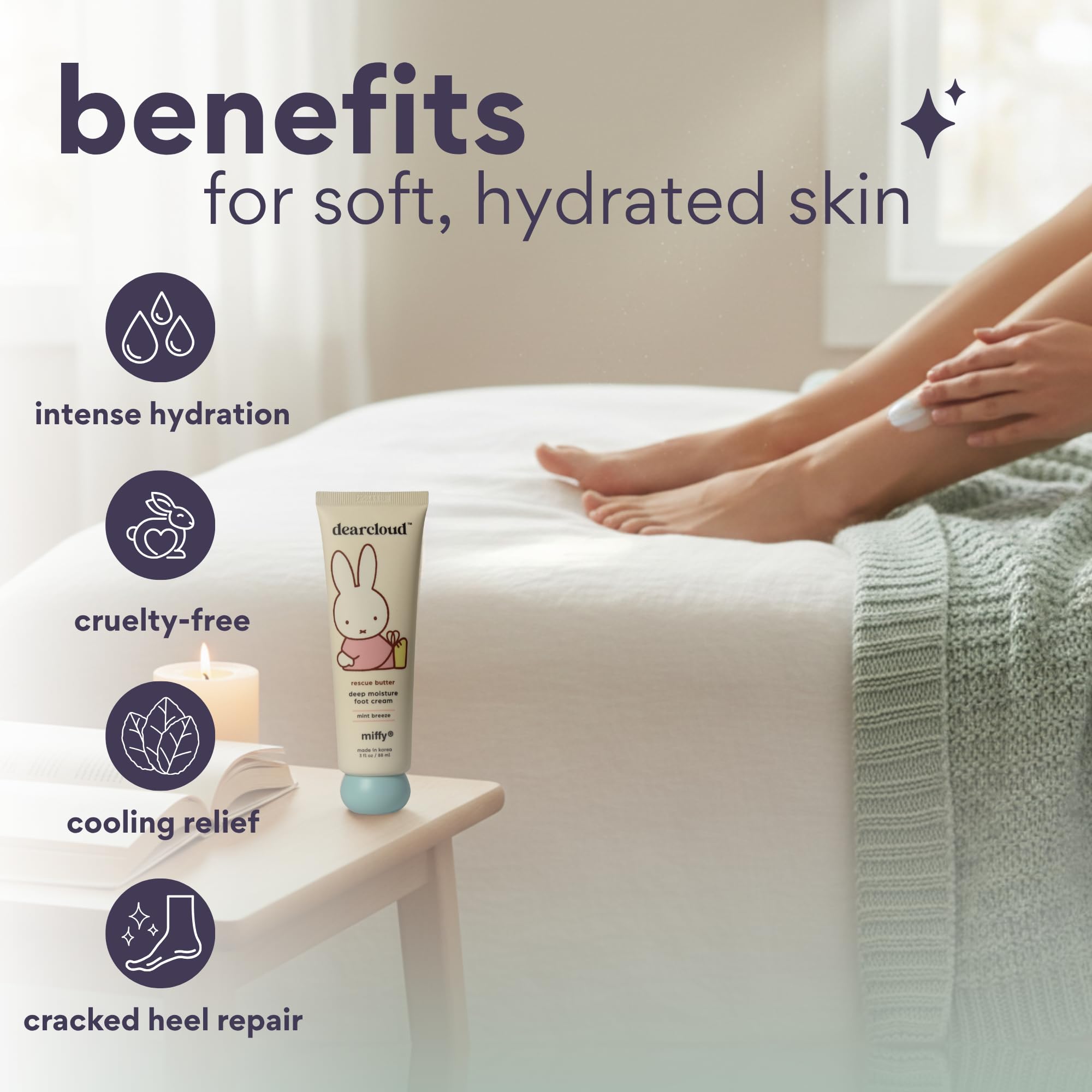 dearcloud Miffy Rescue Butter Foot Cream – Cracked Heel Repair with Shea, Urea & Peppermint Oil | Korean Foot Care – Mint Breeze 3 fl oz