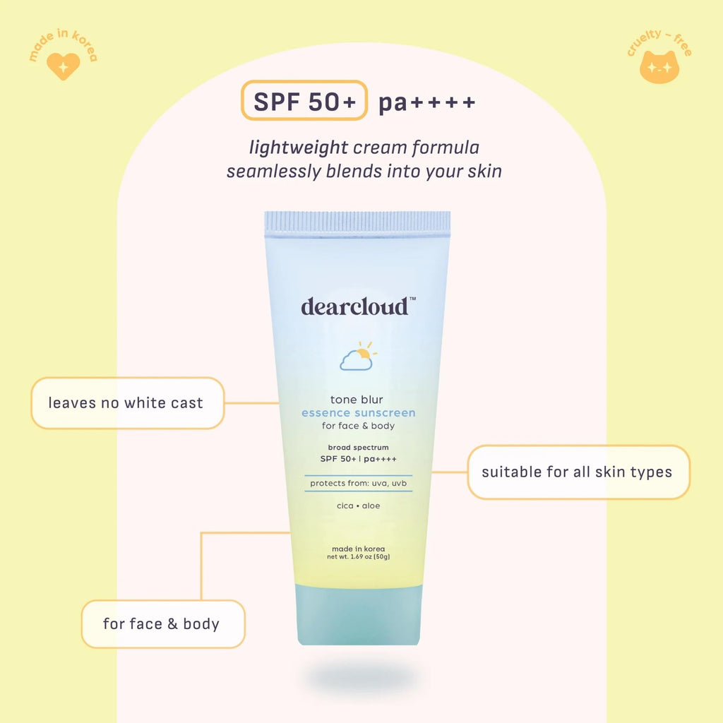 Dearcloud Tone Blur Essence Sunscreen SPF 50+ PA++++ — Vegan Face Primer Sunscreen (1.69 fl oz)