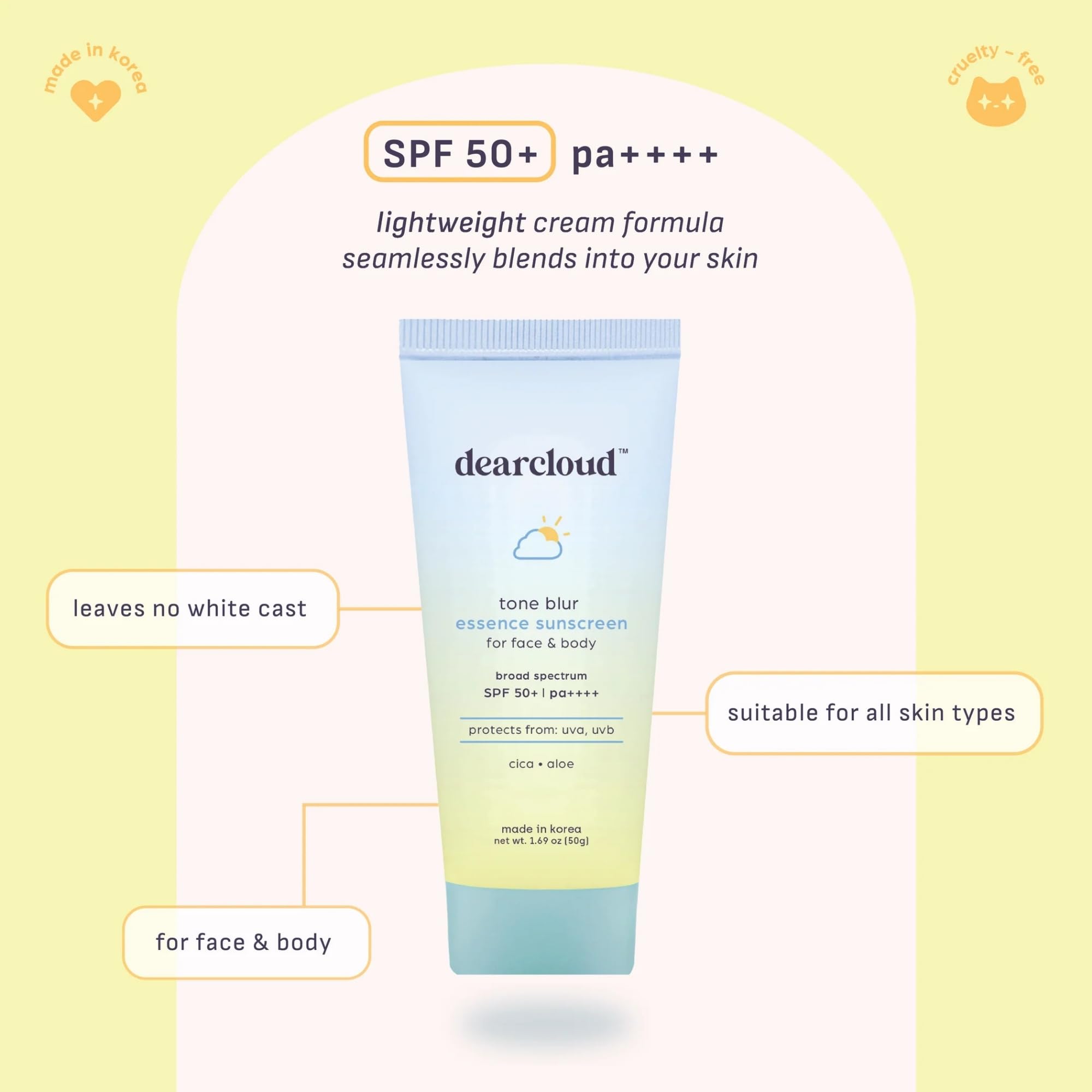 Dearcloud Tone Blur Essence Sunscreen SPF 50+ PA++++ — Vegan Face Primer Sunscreen (1.69 fl oz)