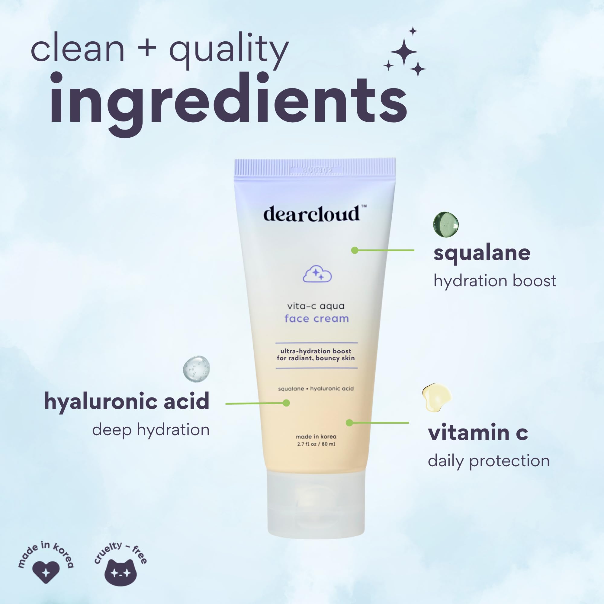 DearCloud Vita-C Aqua Face Cream – Vitamin C Moisturizer with Hyaluronic Acid & Squalane (2.7 oz)