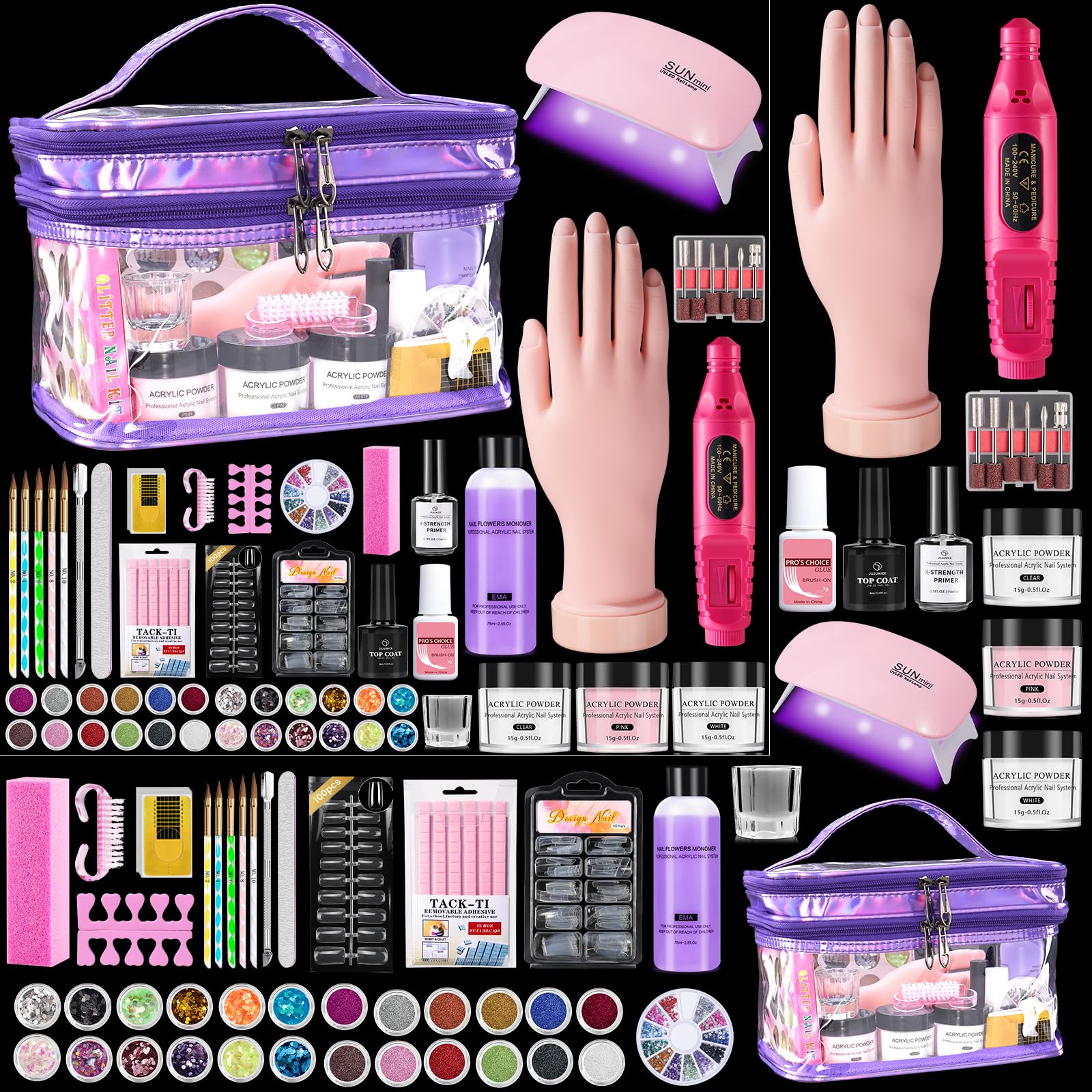 Deciniee Nail Kit for Beginners – Purple Acrylic Set with Practice Hand and UV Light