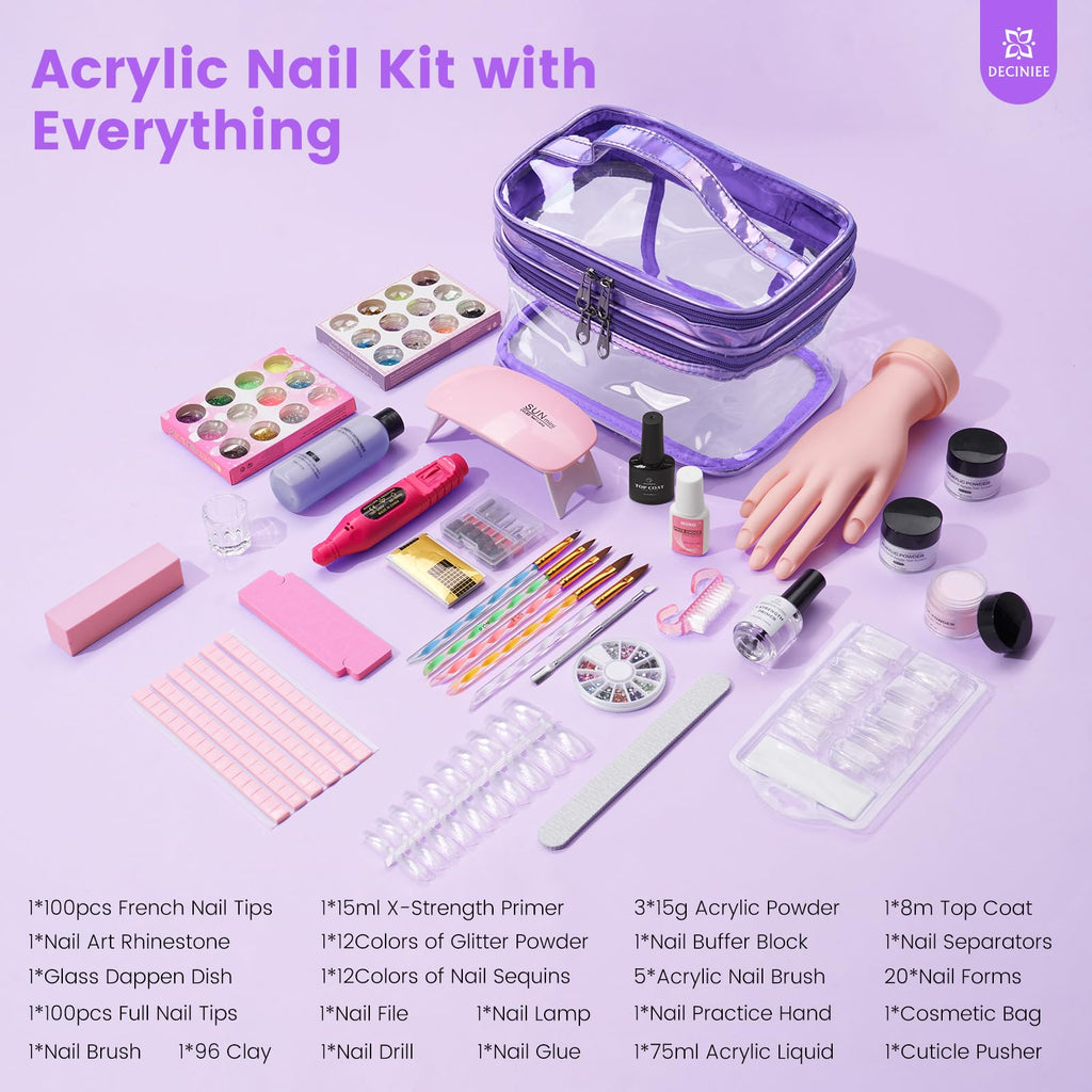 Deciniee Nail Kit for Beginners – Purple Acrylic Set with Practice Hand and UV Light