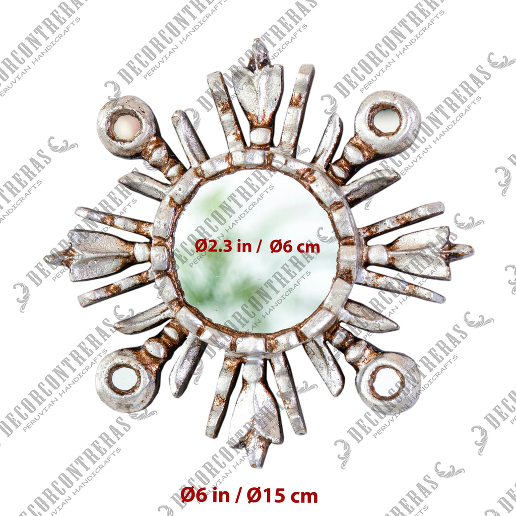 DecorContreras Sunburst Mirror 6in – Peruvian Hand-Carved Wood with Silver Leaf