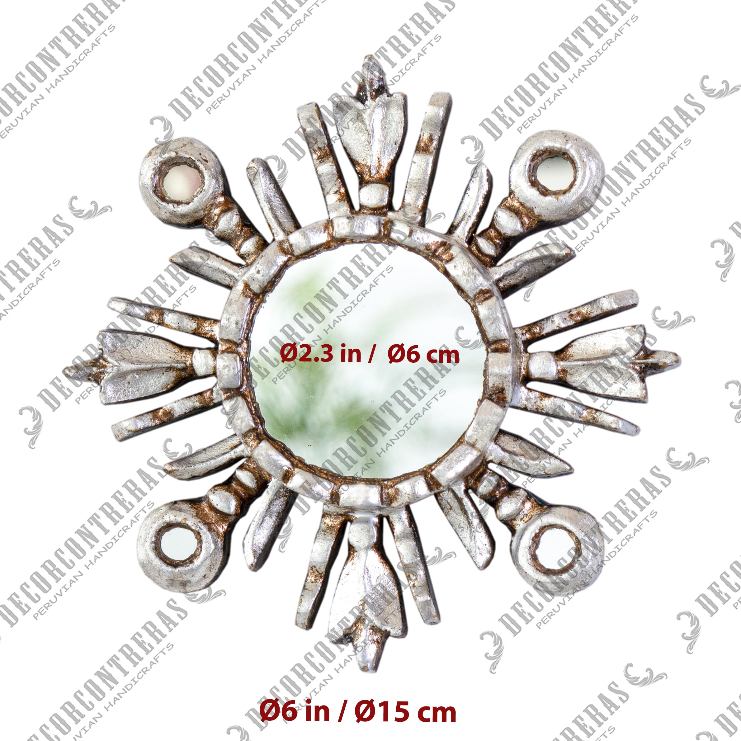 DecorContreras Sunburst Mirror 6in – Peruvian Hand-Carved Wood with Silver Leaf