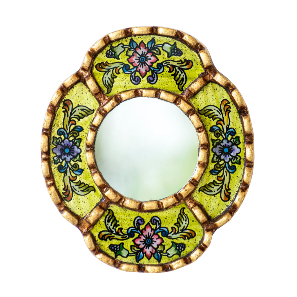 DecorContreras Small Oval Mirror — Handcrafted Reverse Painted Glass with Bronze Leaf Frame from Peru
