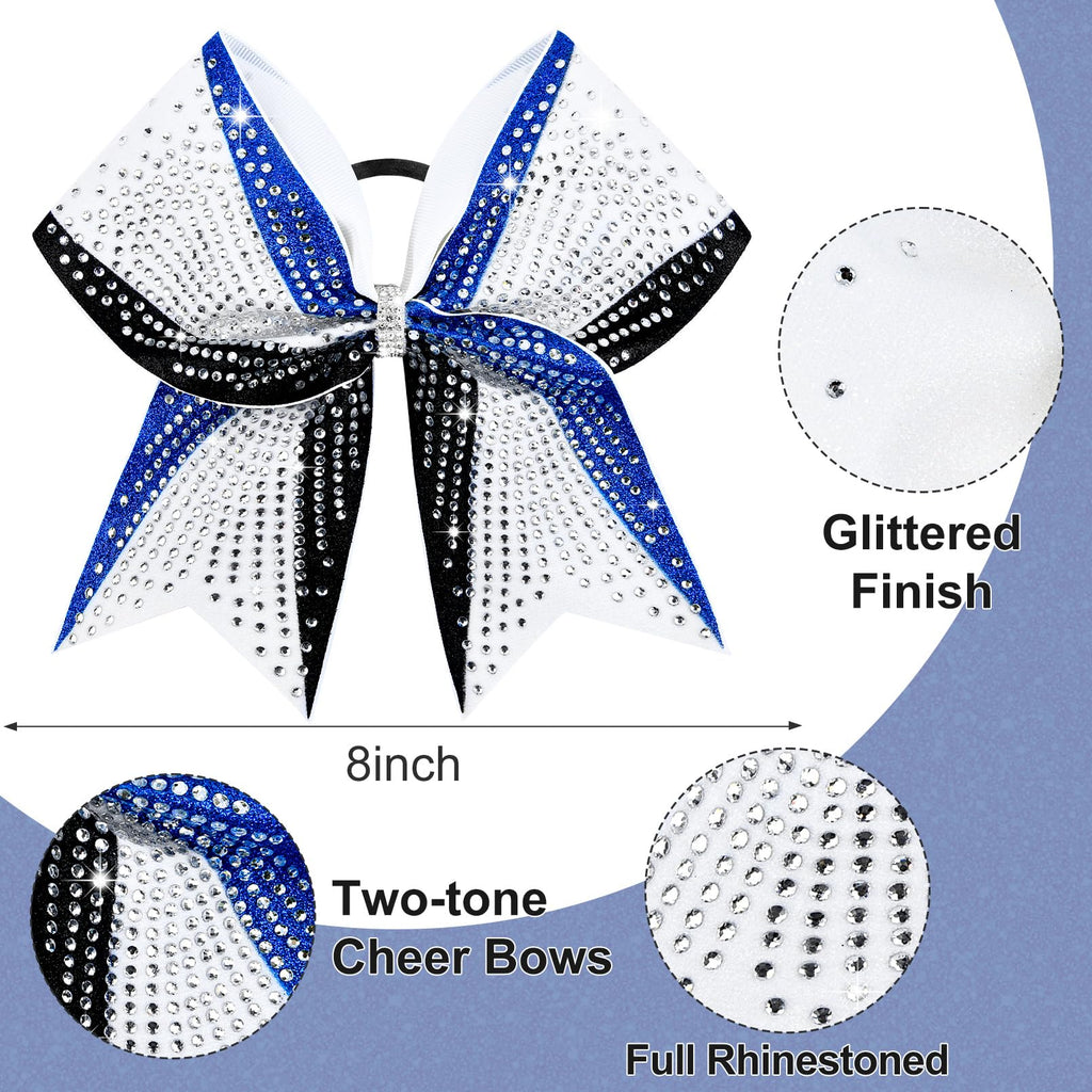 DEEKA 6-Pack 8-Inch Glitter Bows (Royal Blue/Black/White) with Rhinestones | Elastic Hair Ties