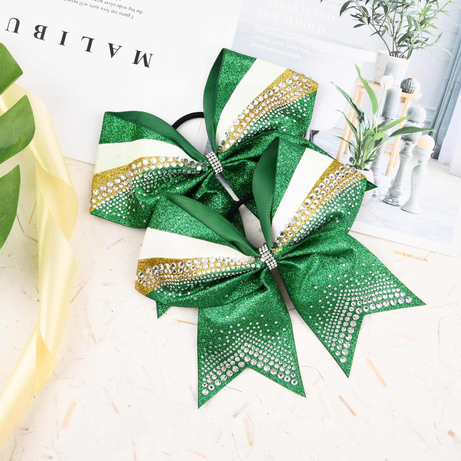 DEEKA 6-Pack 7-Inch Glitter Cheer Bows with Rhinestones — Green, Gold & White