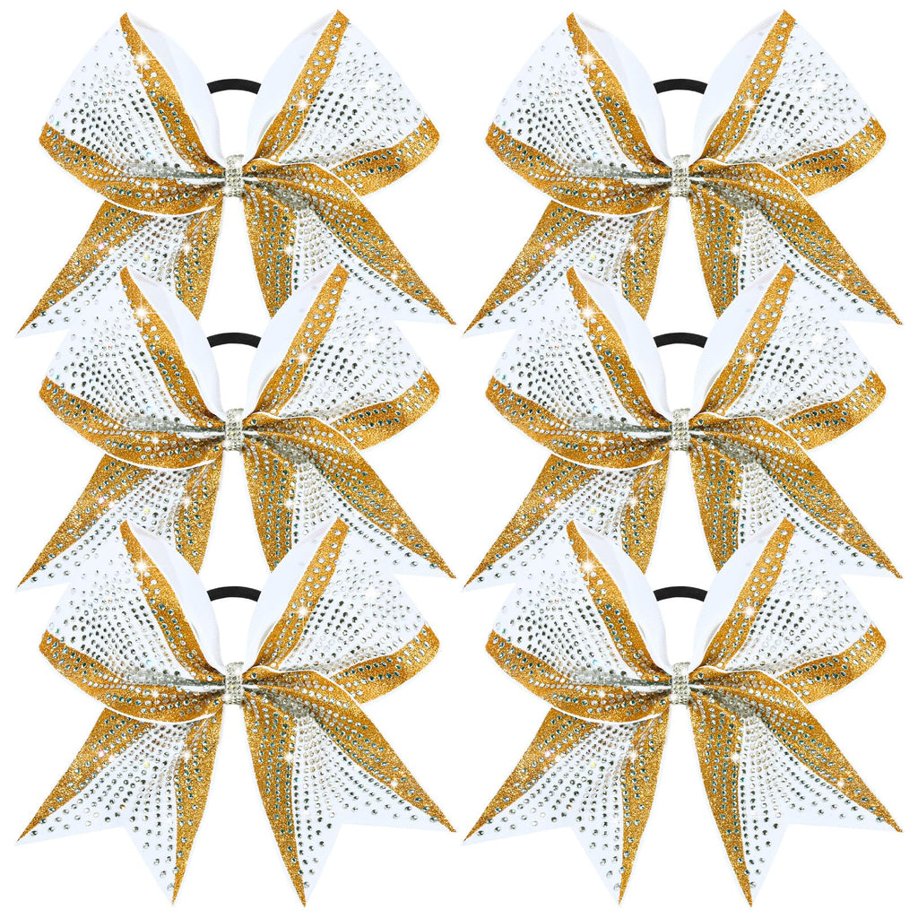 DEEKA 6-Pack 8-Inch Glitter Gold & White Cheer Bows with Rhinestones | Elastic Band Hair Accessories for Teams