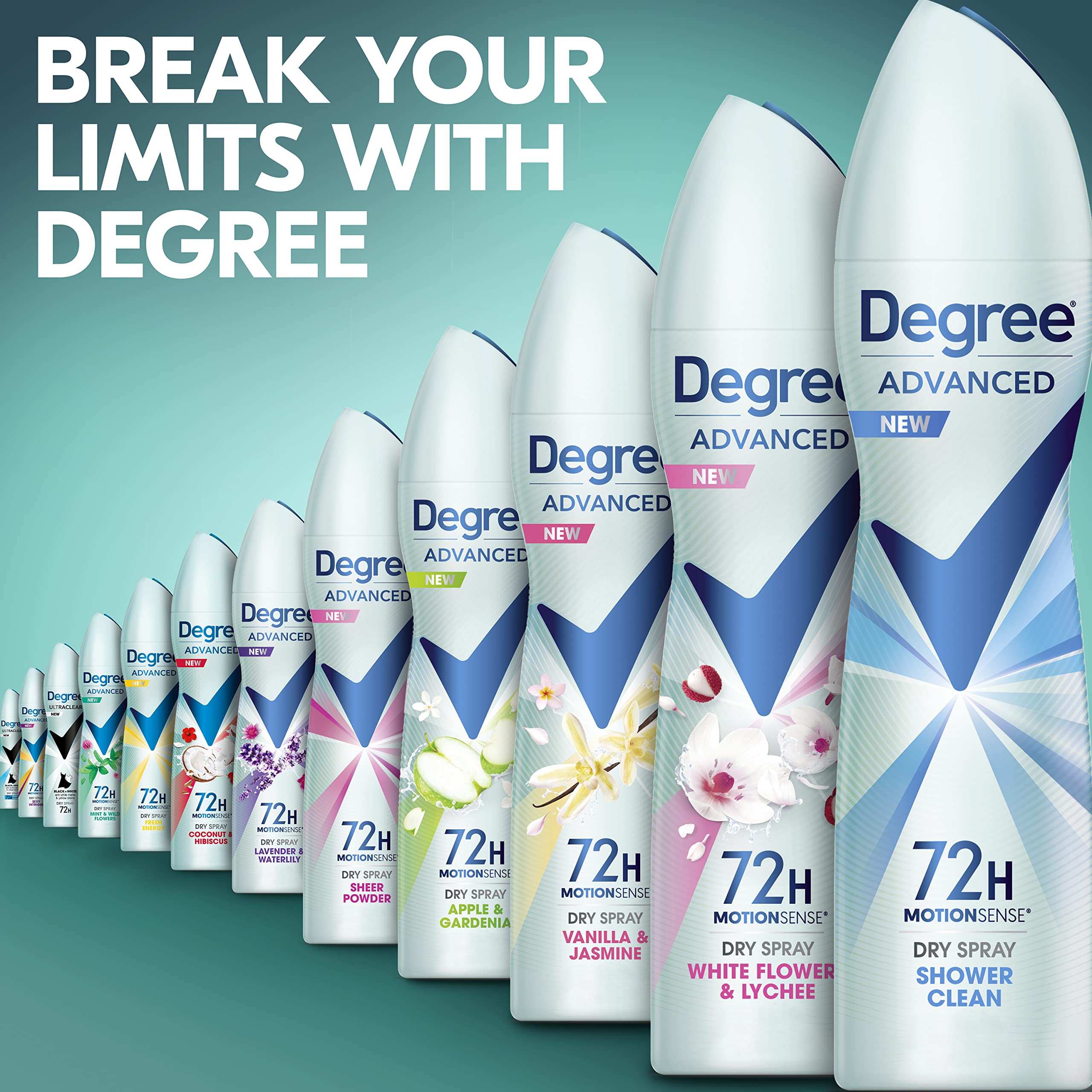 Degree Advanced Shower Clean Antiperspirant Dry Spray with MotionSense – 72-Hour Sweat & Odor Protection (Pack of 4)