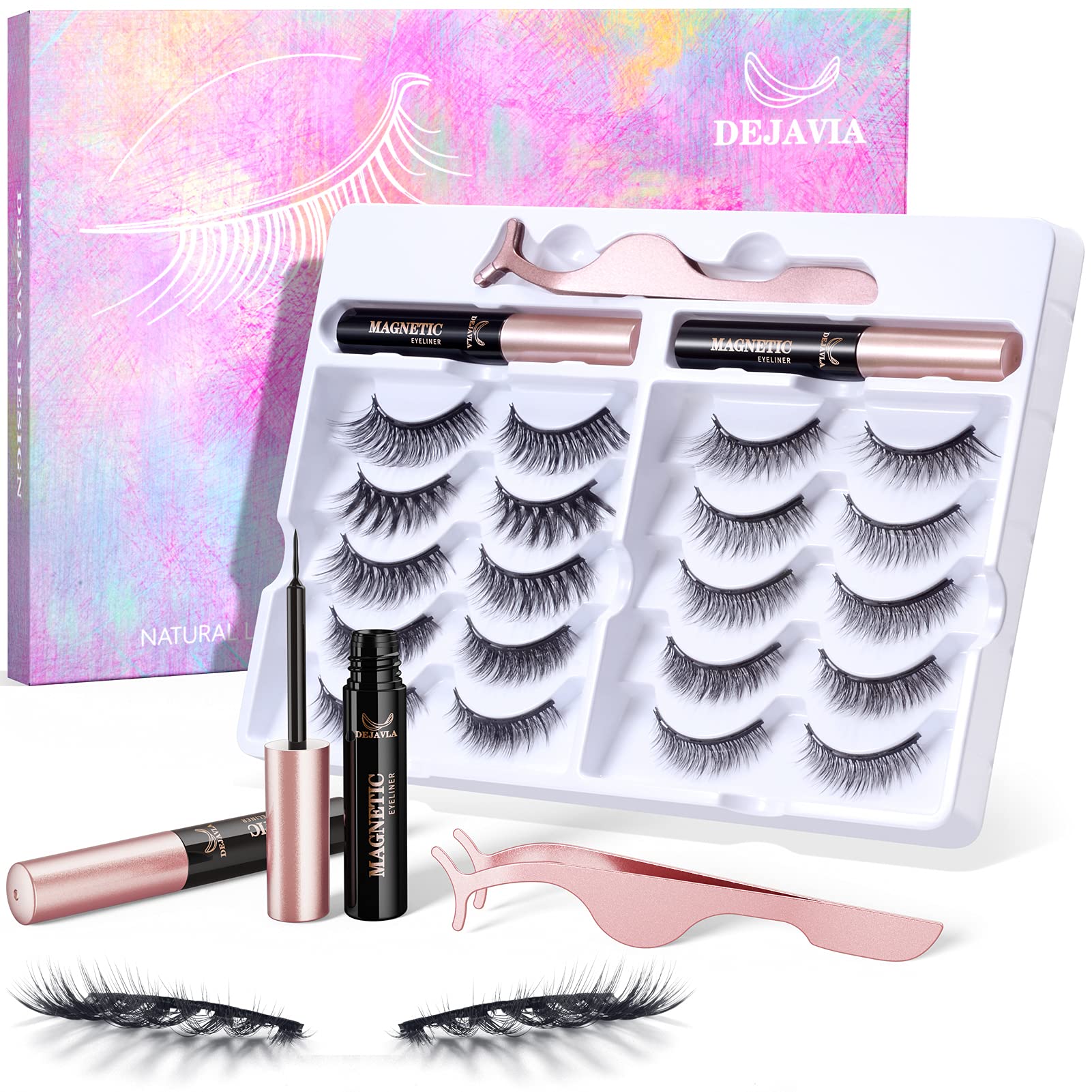 DEJAVIA Magnetic Lashes Kit – 10 Pairs, Magnetic Eyeliner & Tweezers, Reusable