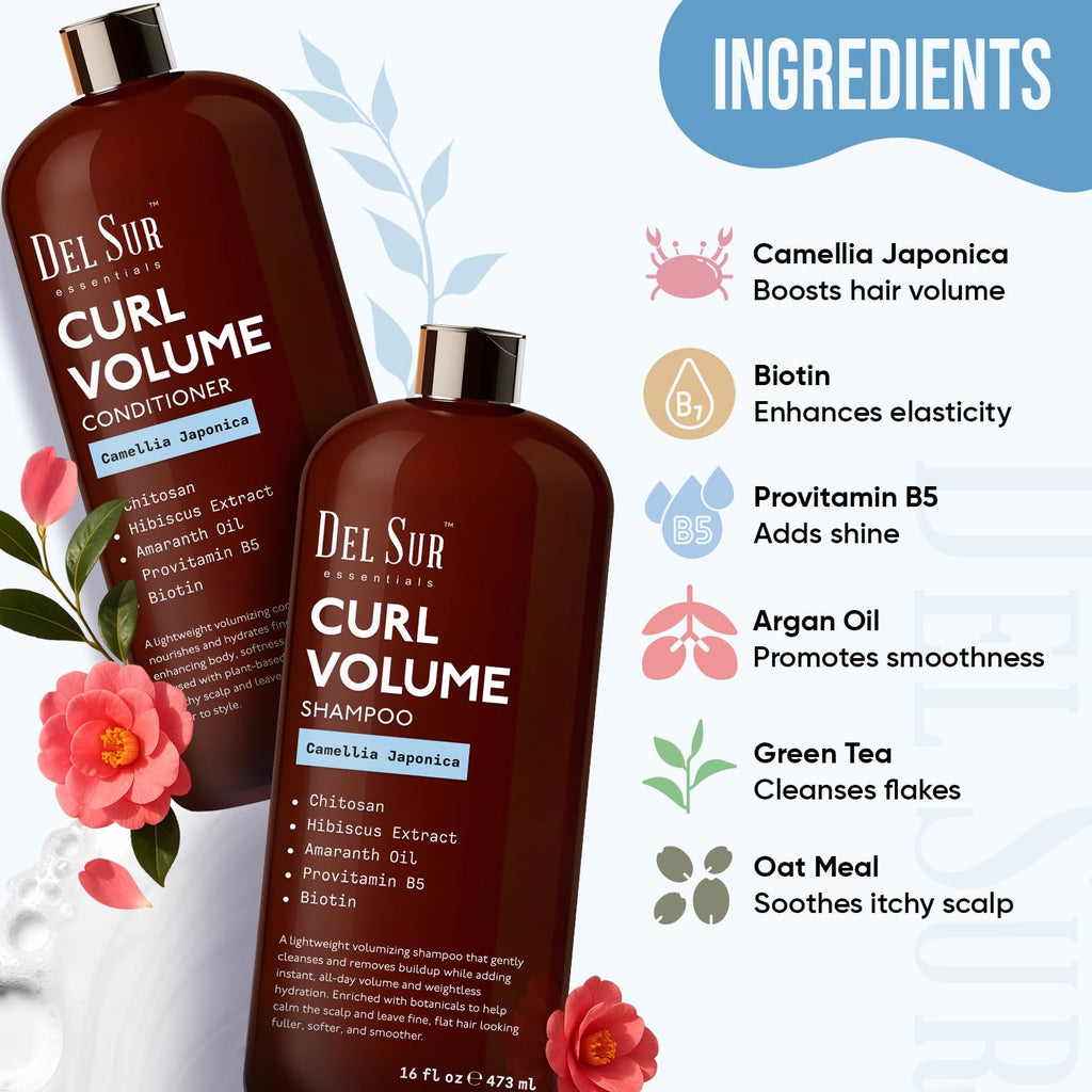 DEL SUR Curly Hair Shampoo & Conditioner Set — 16 oz Each | Camellia Japonica, Hibiscus & Amaranth Oil for Curl Definition, Volume & Hydration