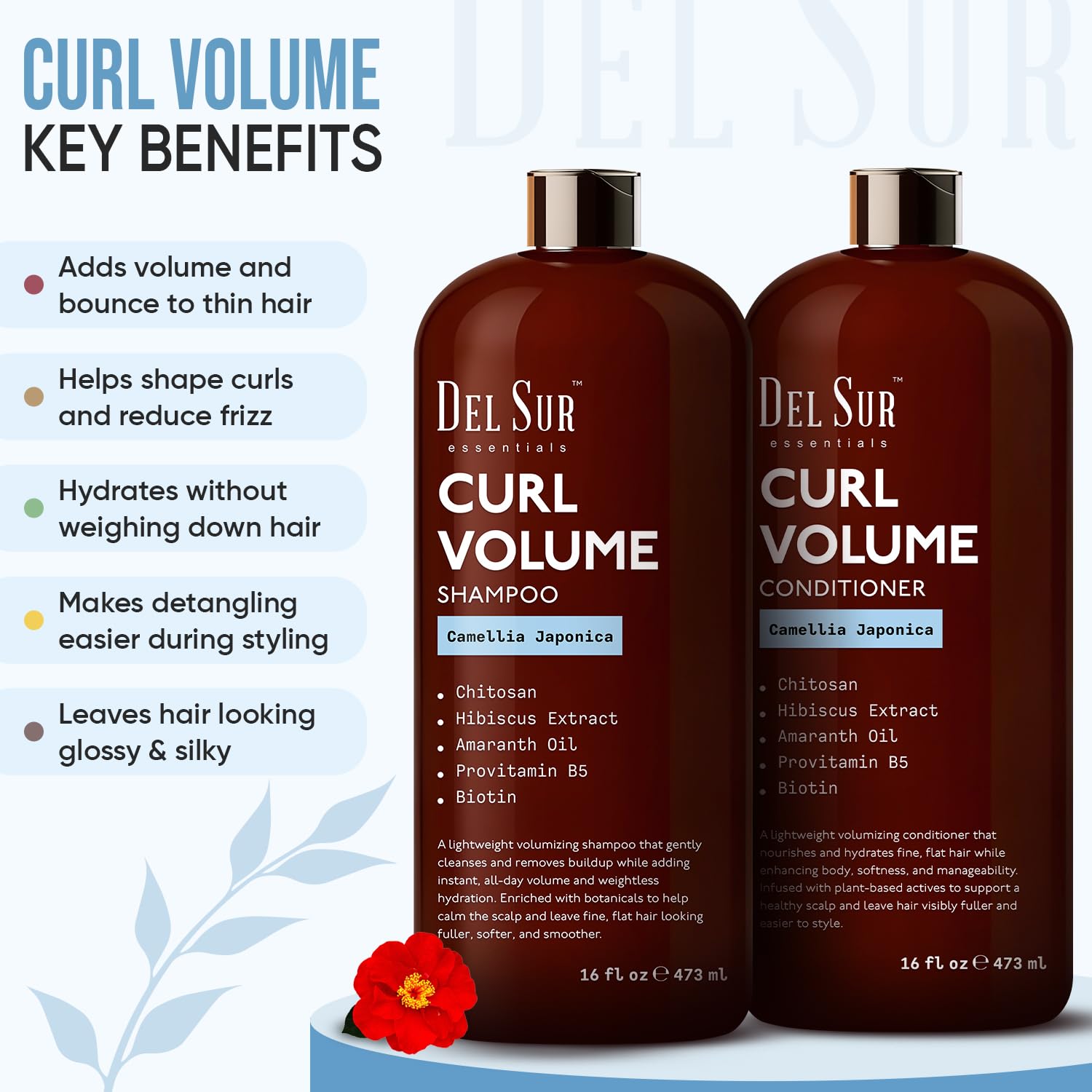DEL SUR Curly Hair Shampoo & Conditioner Set — 16 oz Each | Camellia Japonica, Hibiscus & Amaranth Oil for Curl Definition, Volume & Hydration